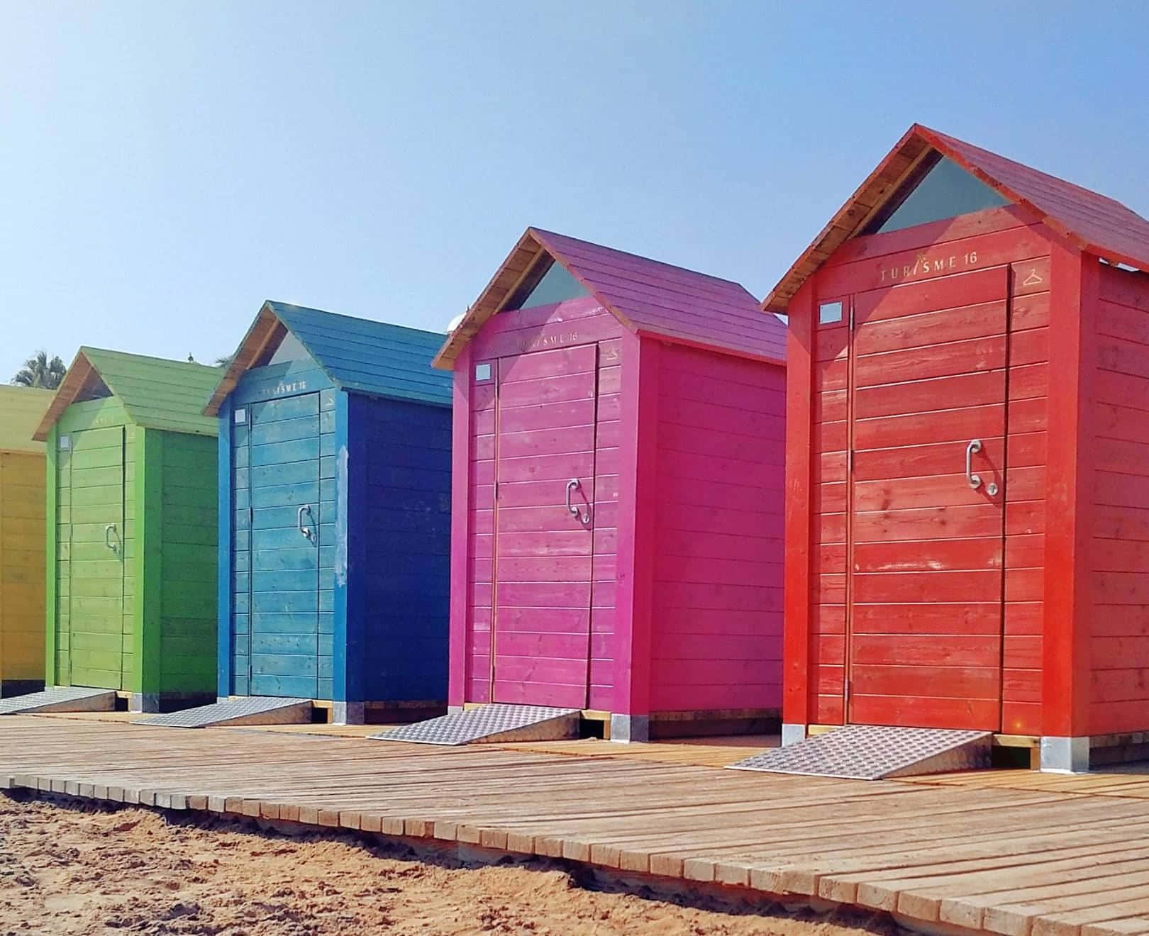 beach huts, rainbow-colored, wooden boardwalk, HD Desktop Wallpaper
