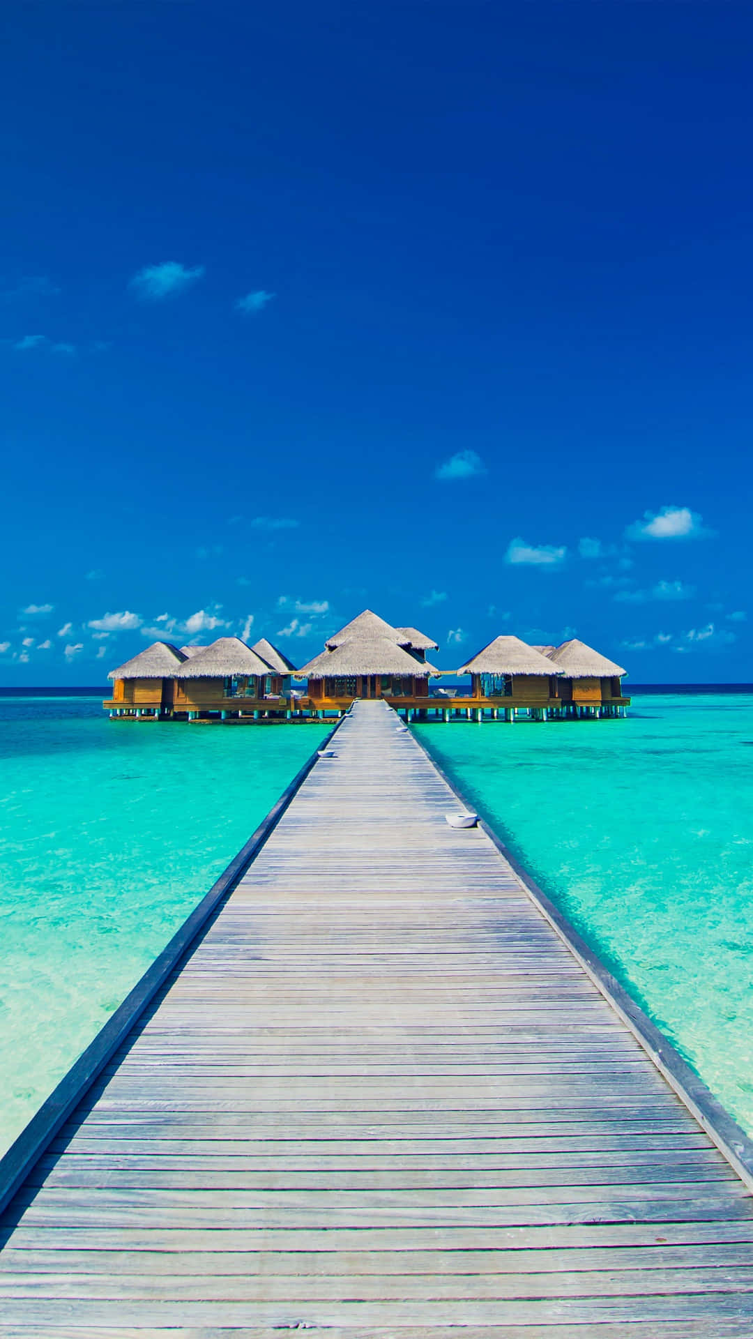 wooden pier, overwater bungalows, clear blue sky, Full HD Phone Wallpaper
