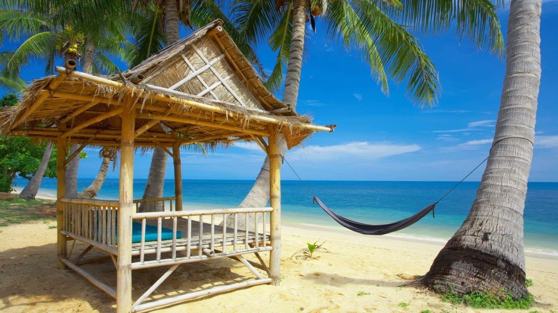 bamboo cabana, thatched roof, sandy beach, Full HD Desktop Wallpaper