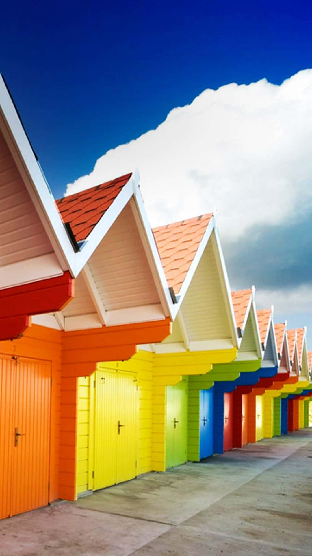 rainbow-colored beach huts, concrete path, bright blue sky, Full HD Phone Wallpaper