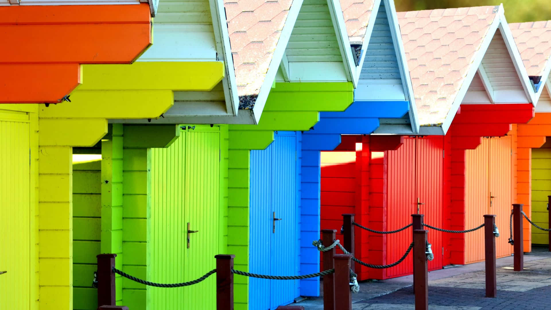 beach huts, colorful, bold primary hues, Full HD Desktop Wallpaper