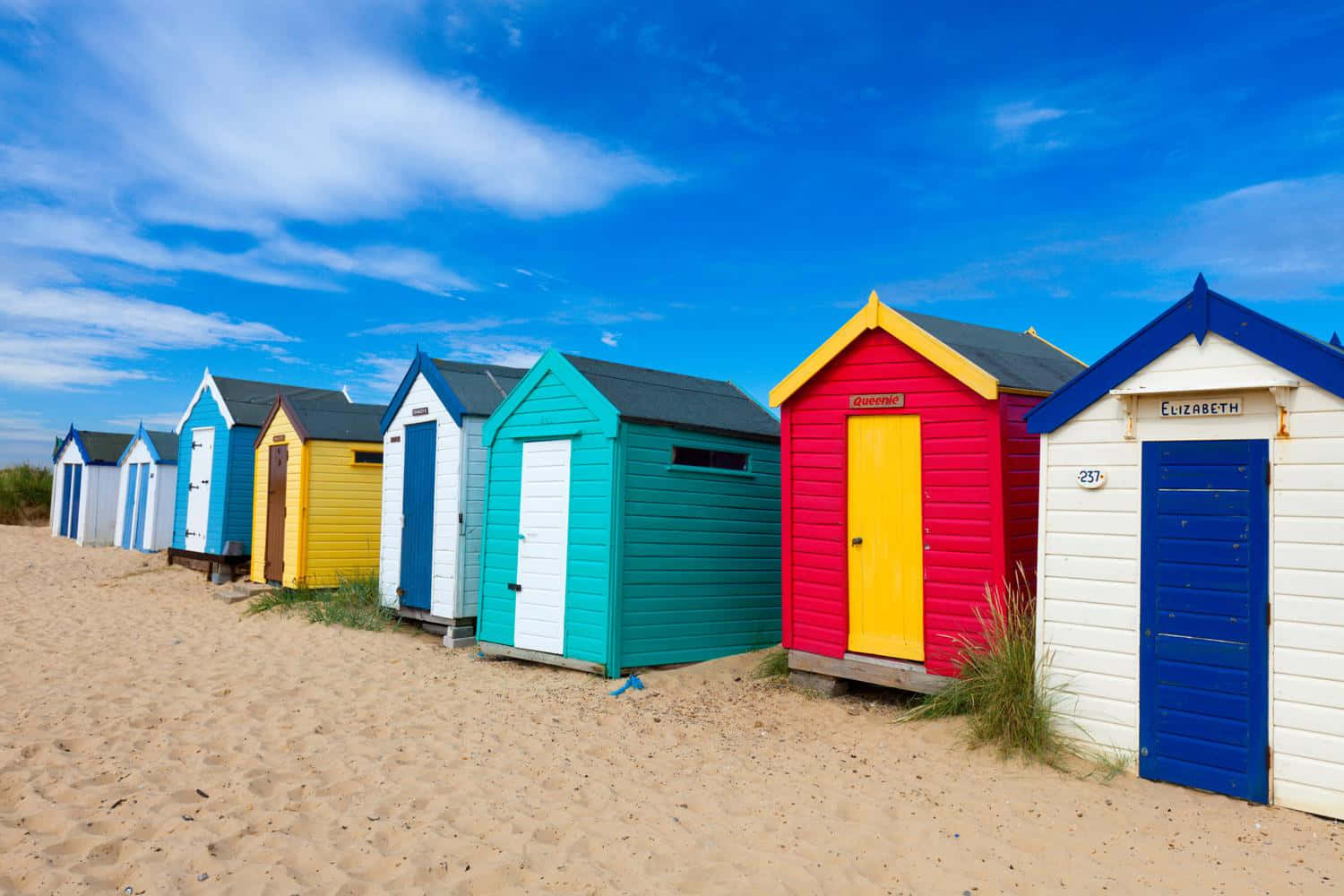 colorful beach huts, golden sand, bright blue sky, HD Desktop Wallpaper