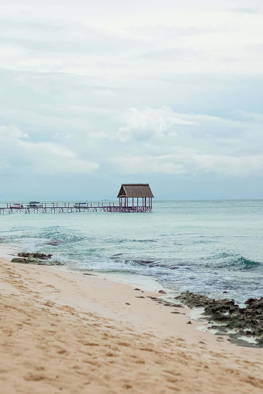 beach huts, wooden pier, thatched roof, SD Phone Wallpaper