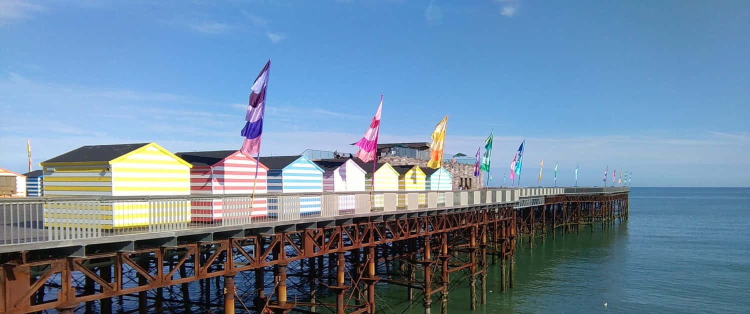 colorful beach huts, pier, wooden pier, HD Desktop Wallpaper