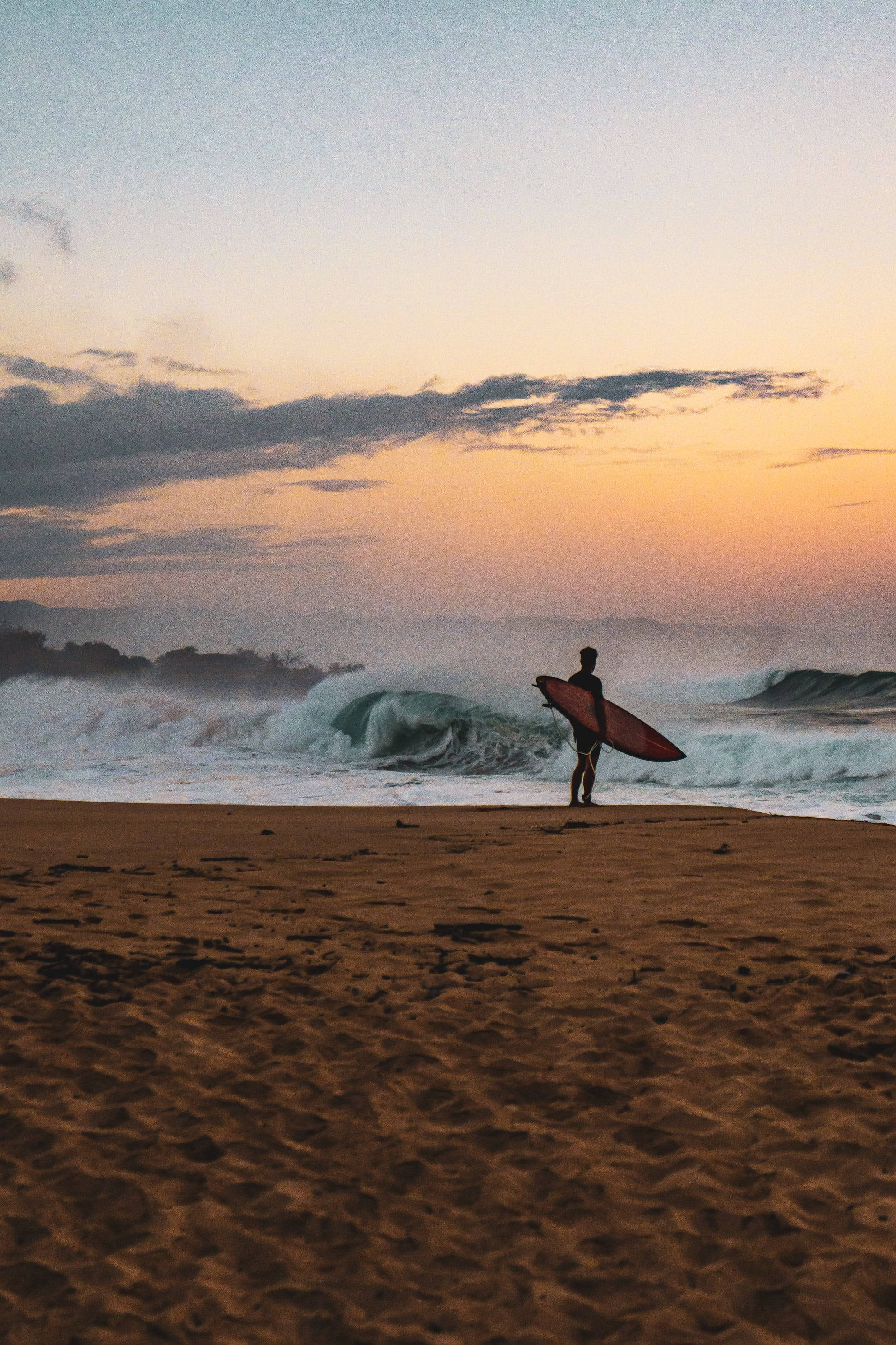 Lone Surfer, sandy beach, sunset, 2K Phone Wallpaper