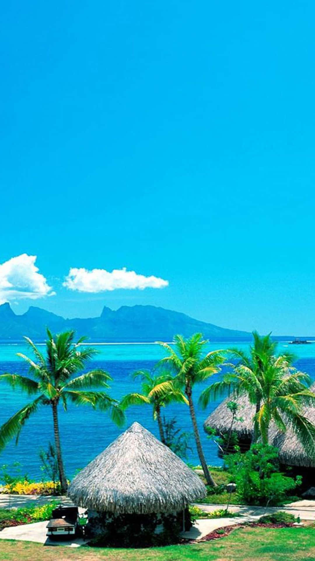 tropical iphone, thatched huts, palm trees, Full HD Phone Wallpaper