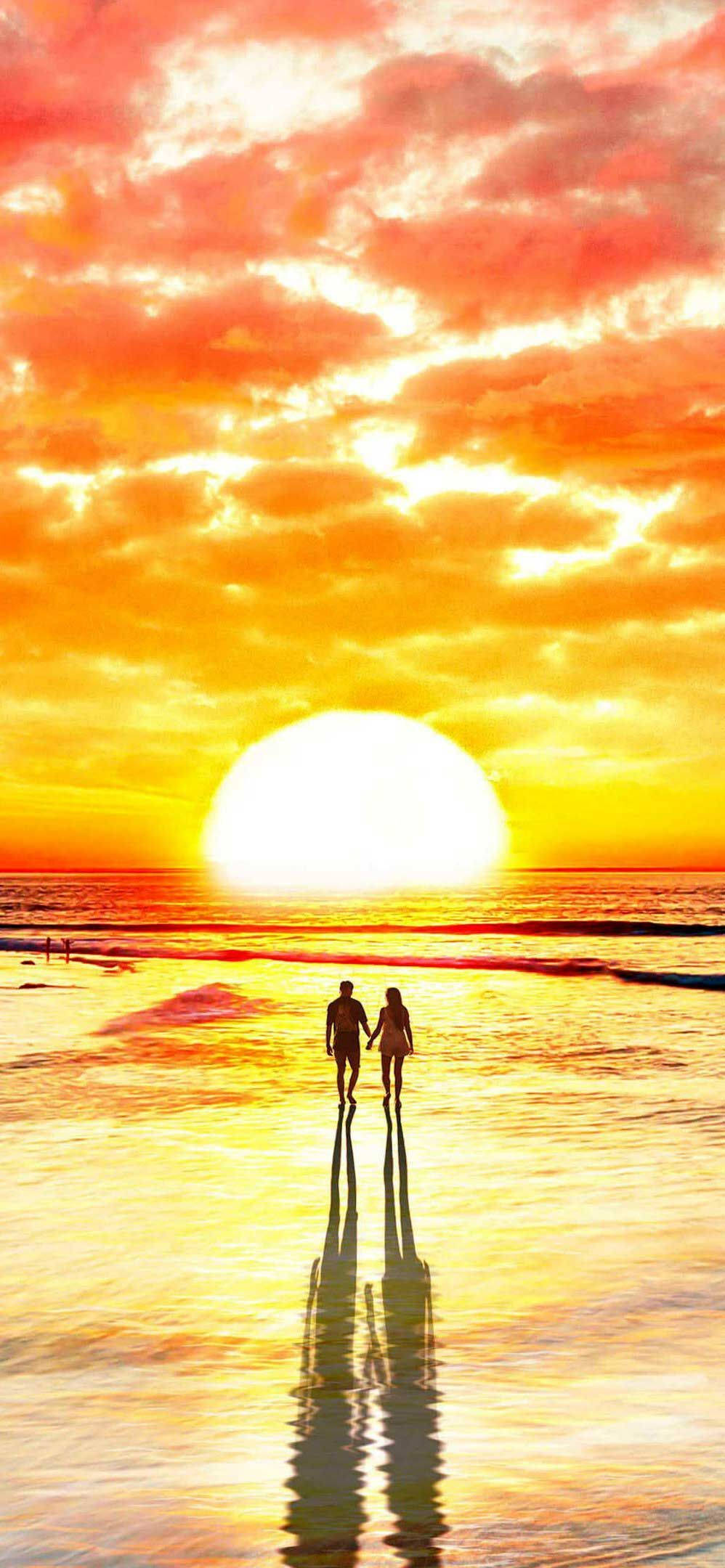 Unforgettable Moments at the Beach, giant sun, wet beach, Full HD Phone Wallpaper