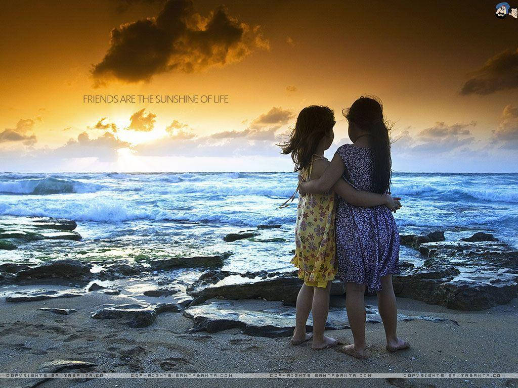 girls, rocky beach, golden sunset, SD Desktop Wallpaper