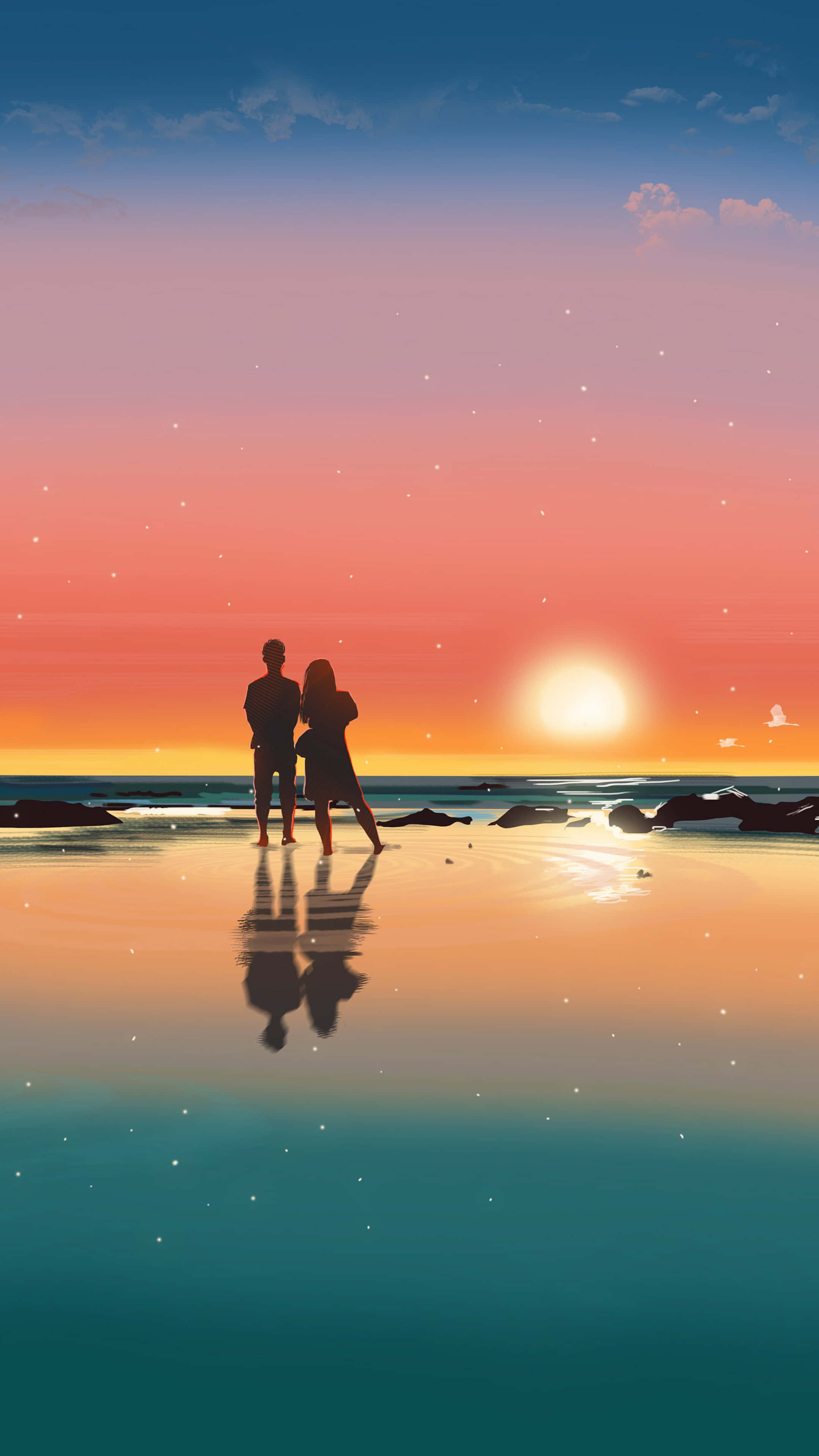 beach lovers, sunset, wet beach, 4K Phone Wallpaper