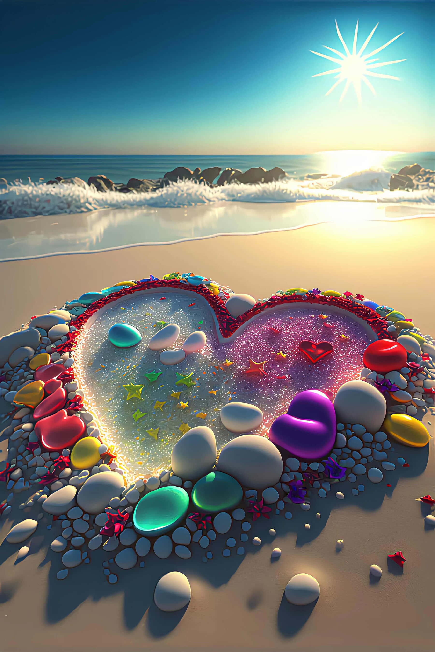 beach love, heart in the sand, sunlit beach, 2K Phone Wallpaper