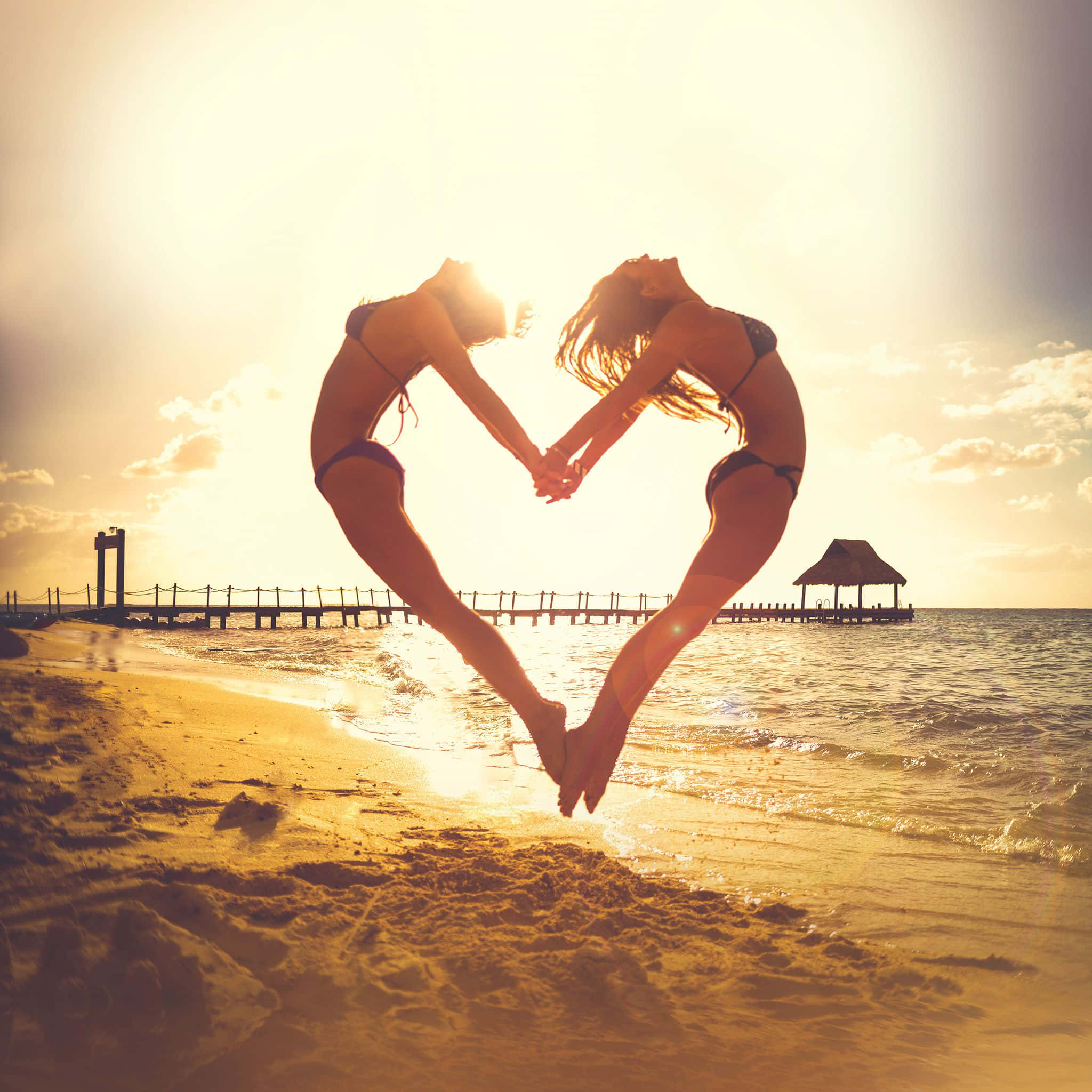 beach lovers, sunset, golden beach, Full HD Desktop Wallpaper