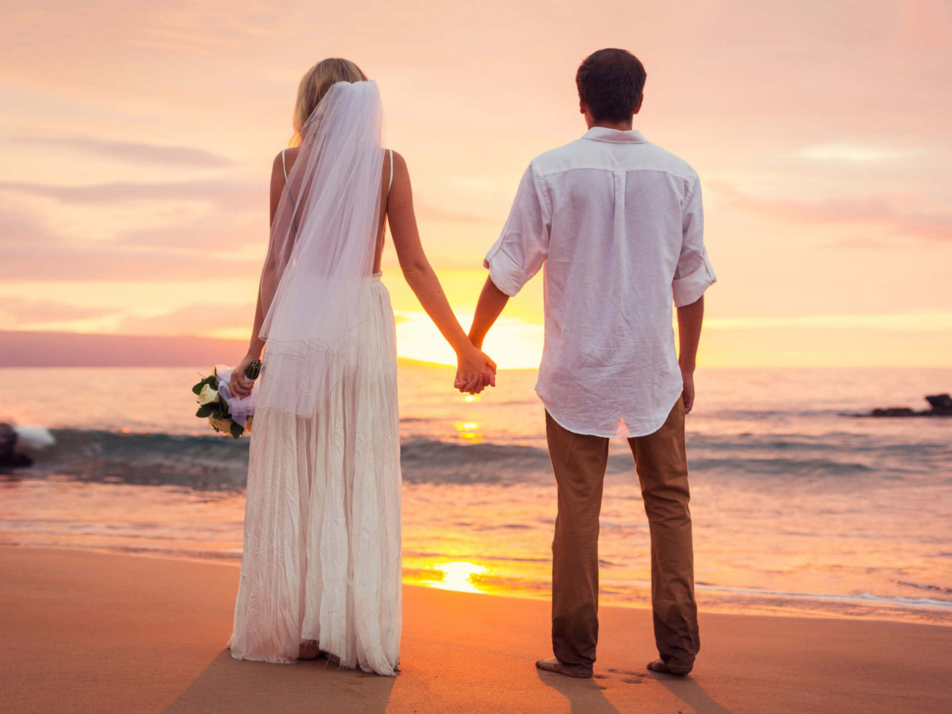 beach lovers, bride and groom, sunset, Full HD Desktop Wallpaper