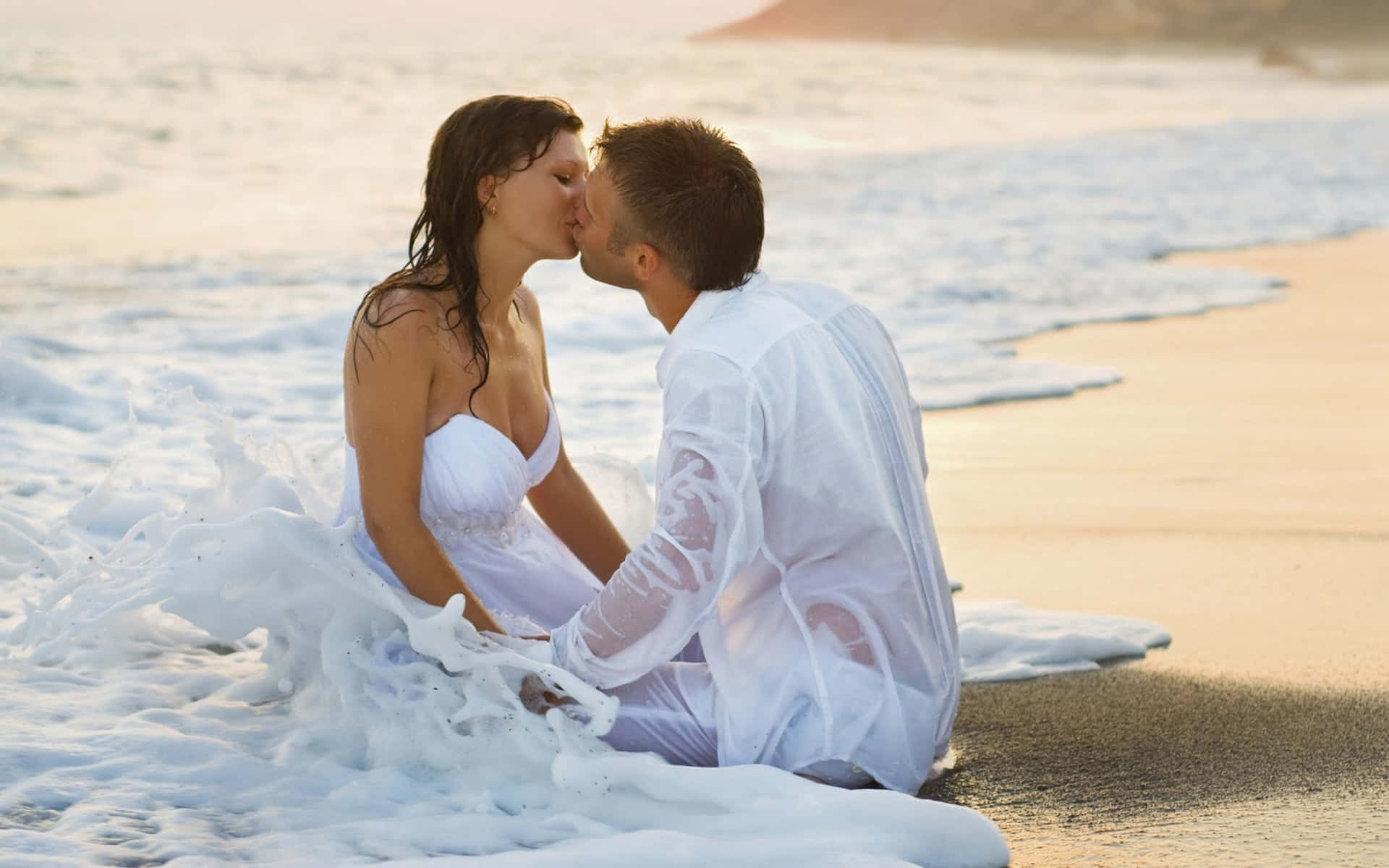 Beach Lovers, white wedding attire, golden beach, Full HD Desktop Wallpaper