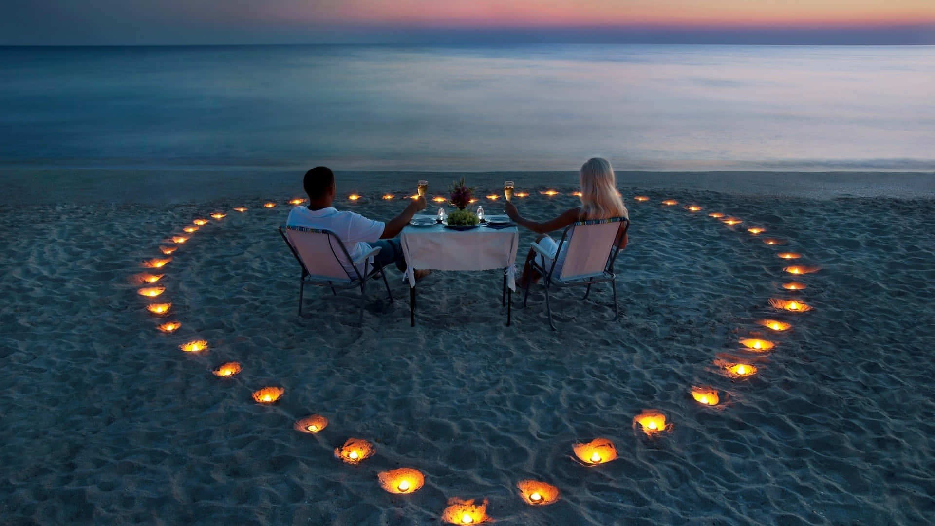 beach lovers, twilight, candlelit dinner, Full HD Desktop Wallpaper