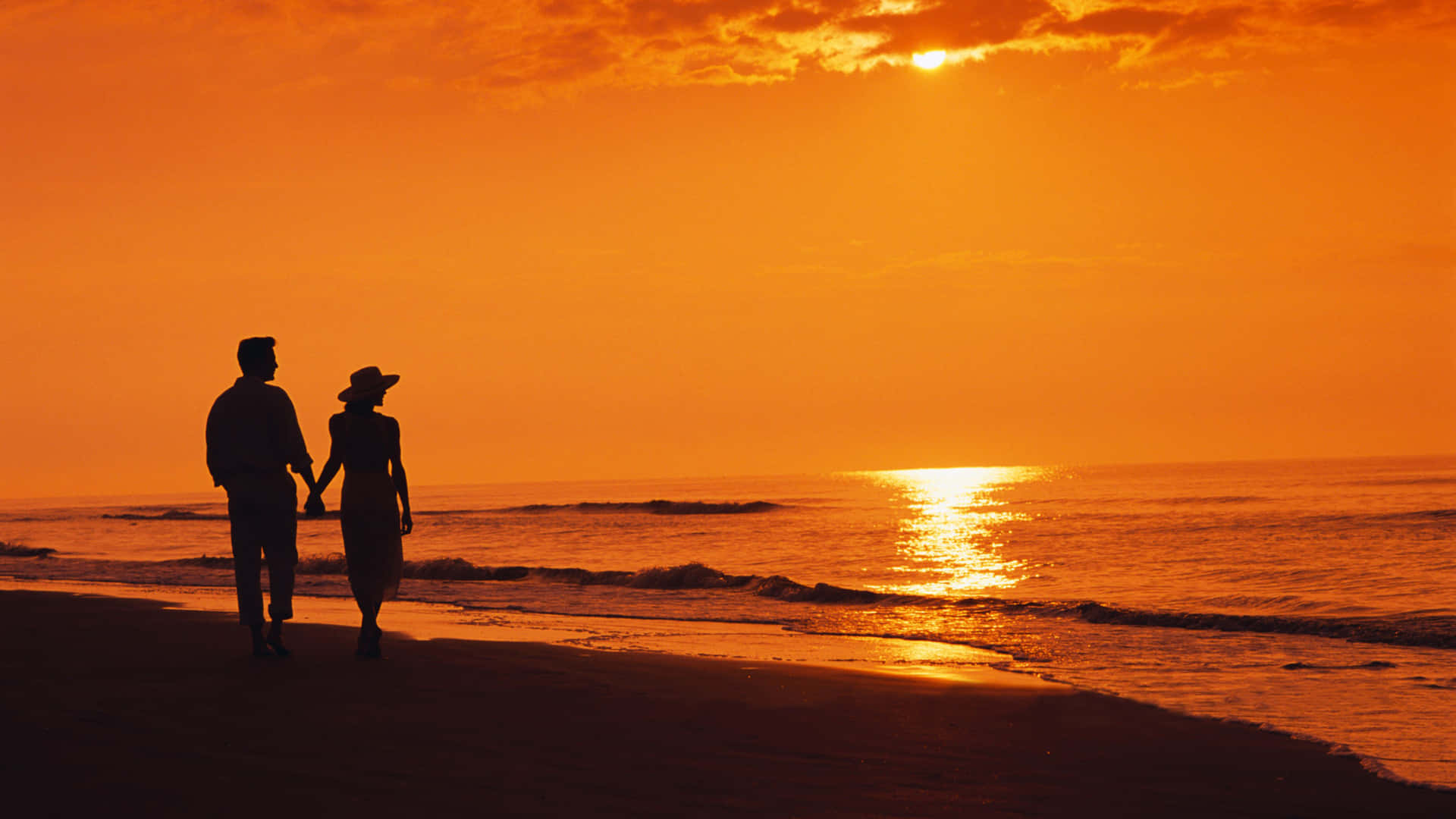 Beach Lovers, Romantic Sunset Stroll, fiery orange, Full HD Desktop Wallpaper