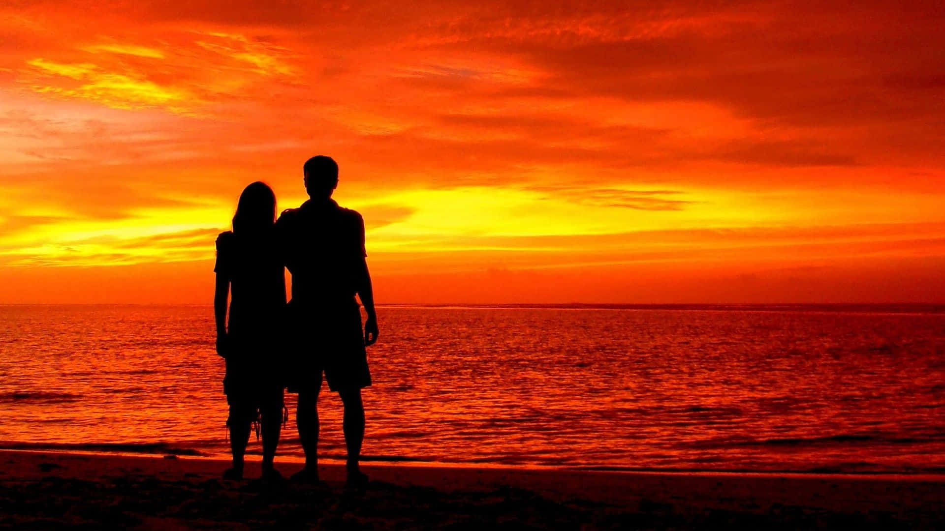 Romantic Sunset Beach Stroll Wallpaper, fiery orange and yellow sunset hues, silhouette, Full HD Desktop Wallpaper