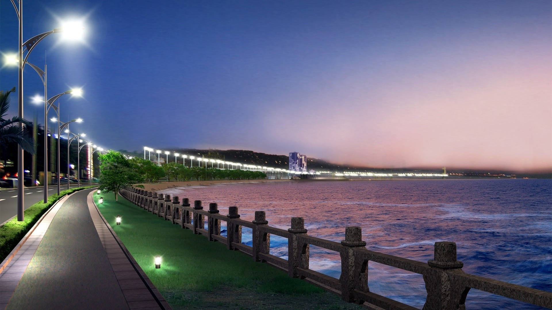 Beach Night, twilight coastal promenade, streetlights, Full HD Desktop Wallpaper
