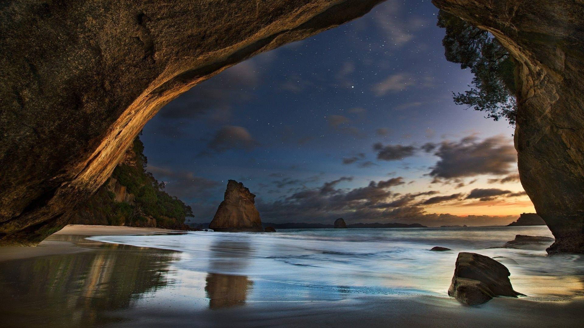 Beach Night, cave, starry night sky, Full HD Desktop Wallpaper