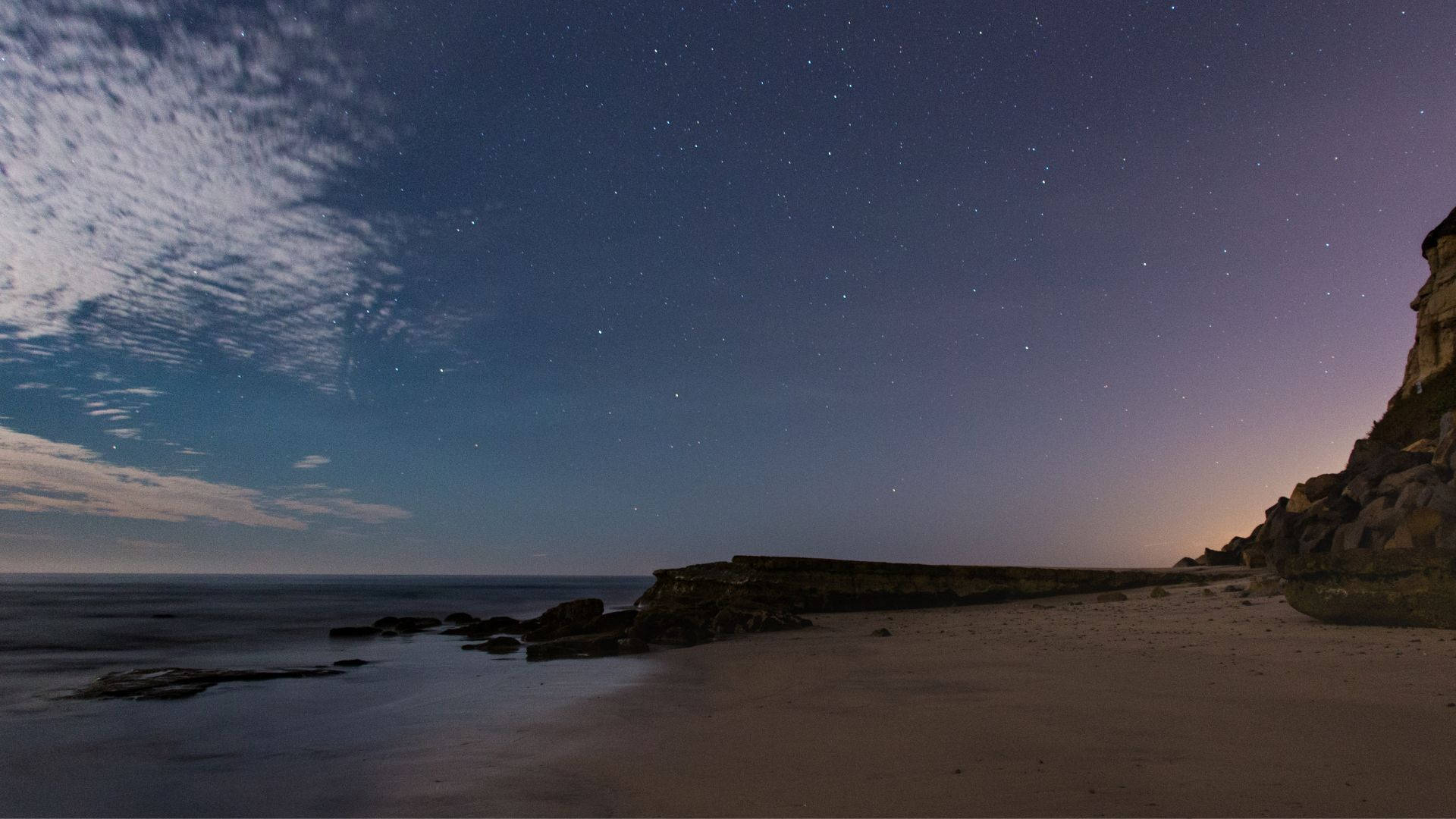 starry night sky, wispy clouds, tranquil beach, Full HD Desktop Wallpaper