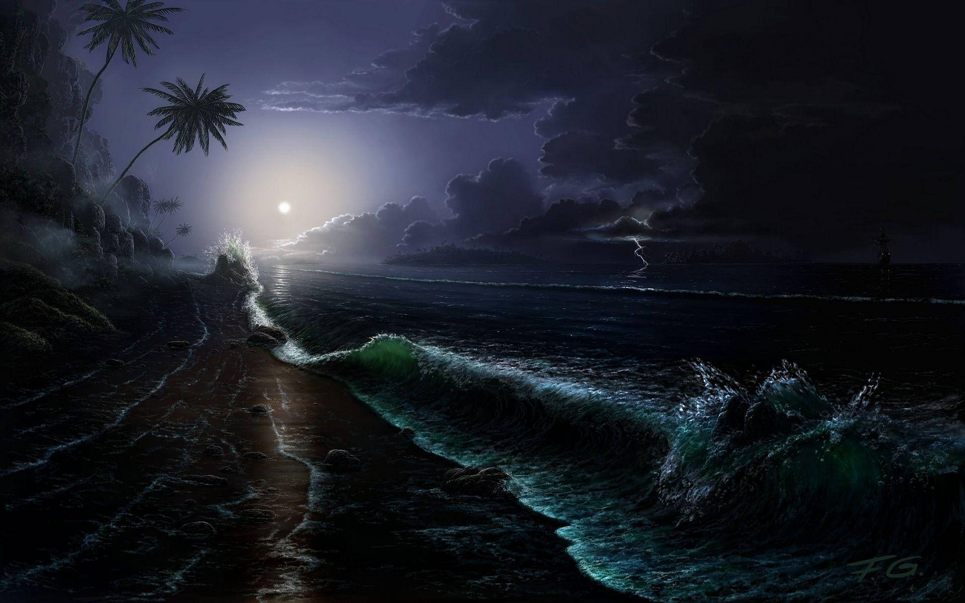 moonlit tropical beach, crashing waves glowing, dark storm clouds, Full HD Desktop Wallpaper