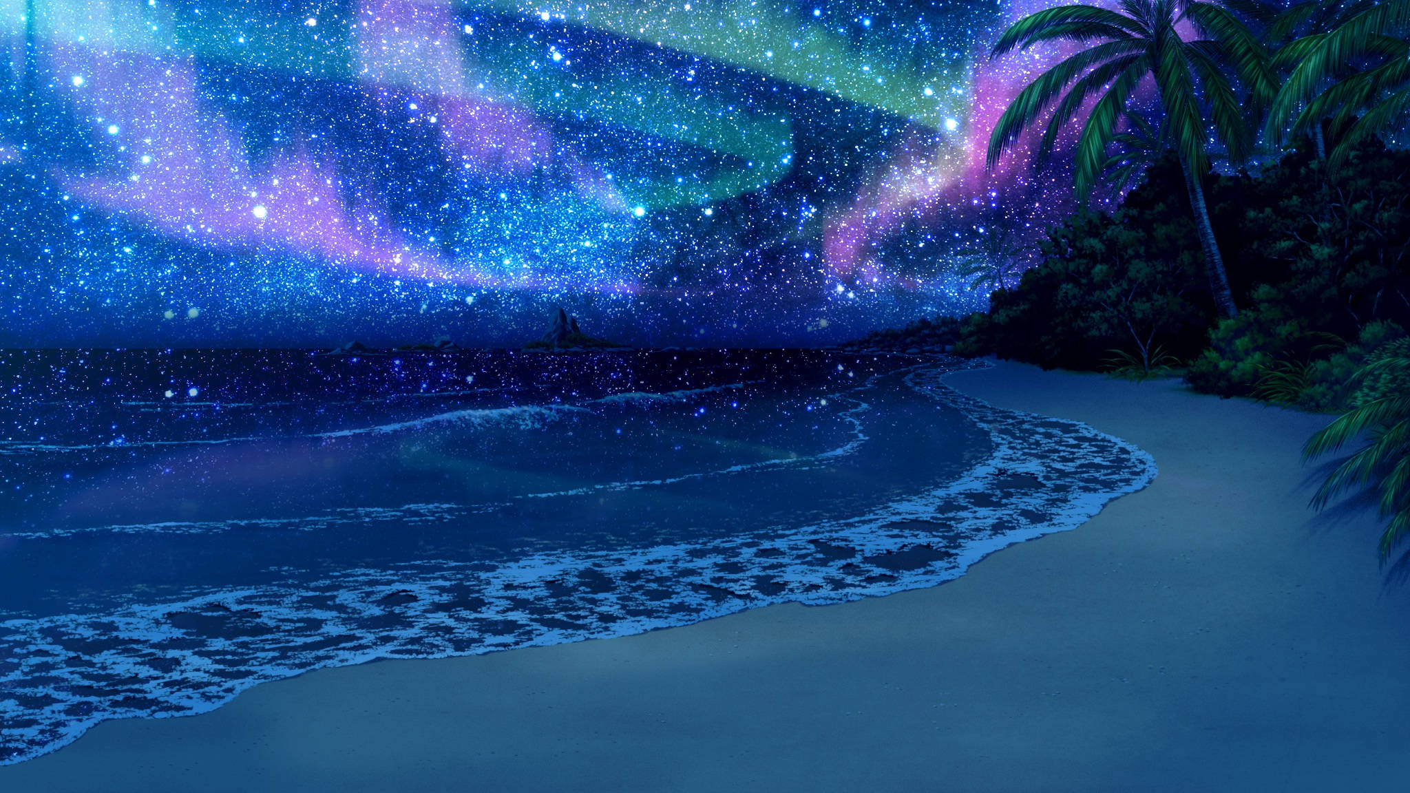 Beach Night, intergalactic lights, starry night beach, Full HD Desktop Wallpaper
