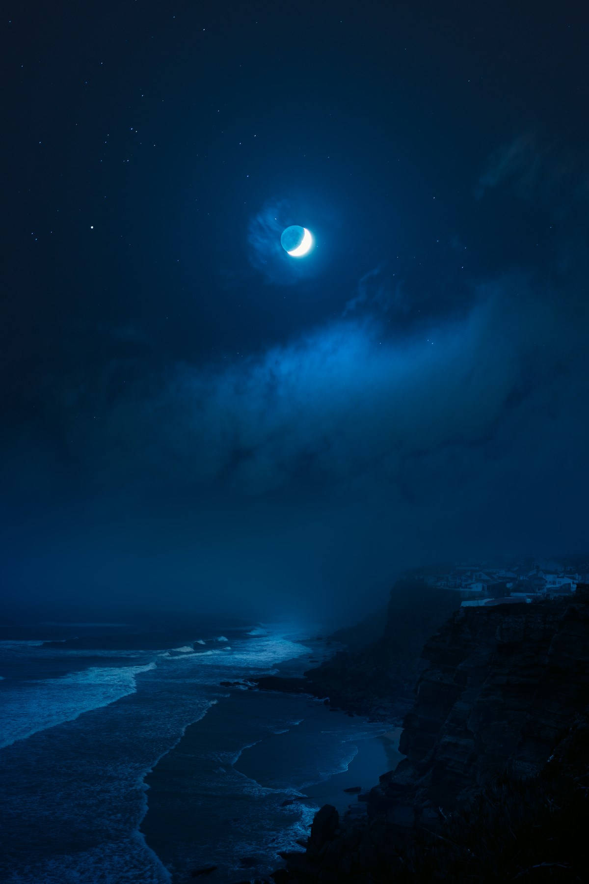 crescent moon, wispy clouds, dark ocean, HD Phone Wallpaper