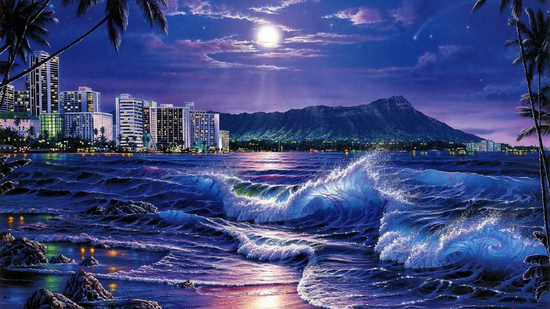City By The Beach Night, moonlit ocean waves, glowing cityscape, Full HD Desktop Wallpaper