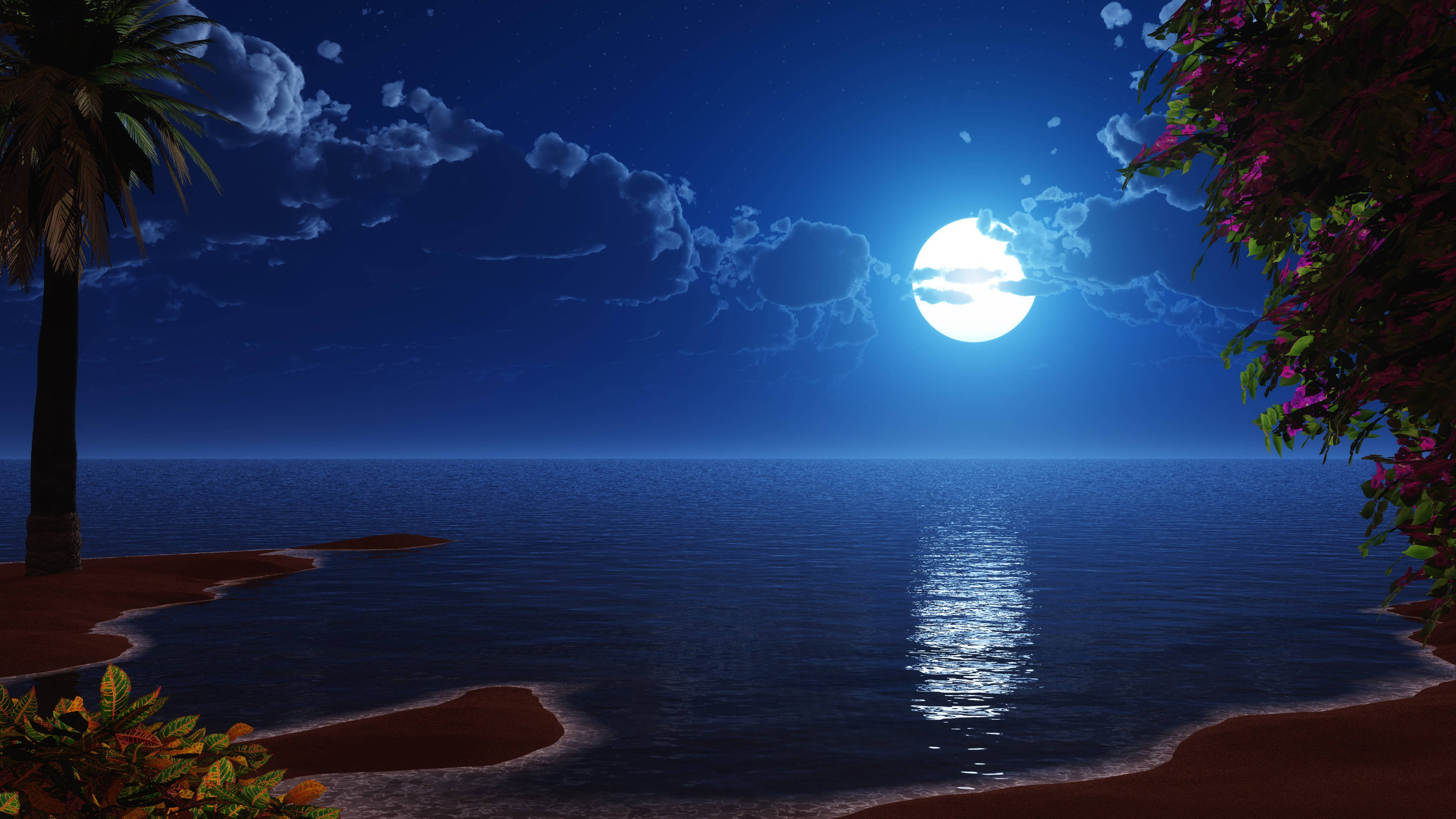 full moon, ocean, beach, 4K Desktop Wallpaper