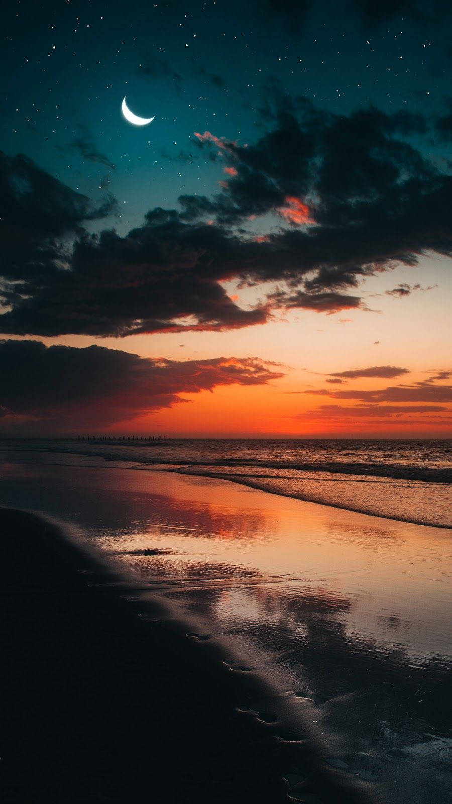 crescent moon, stars, beach, HD Phone Wallpaper