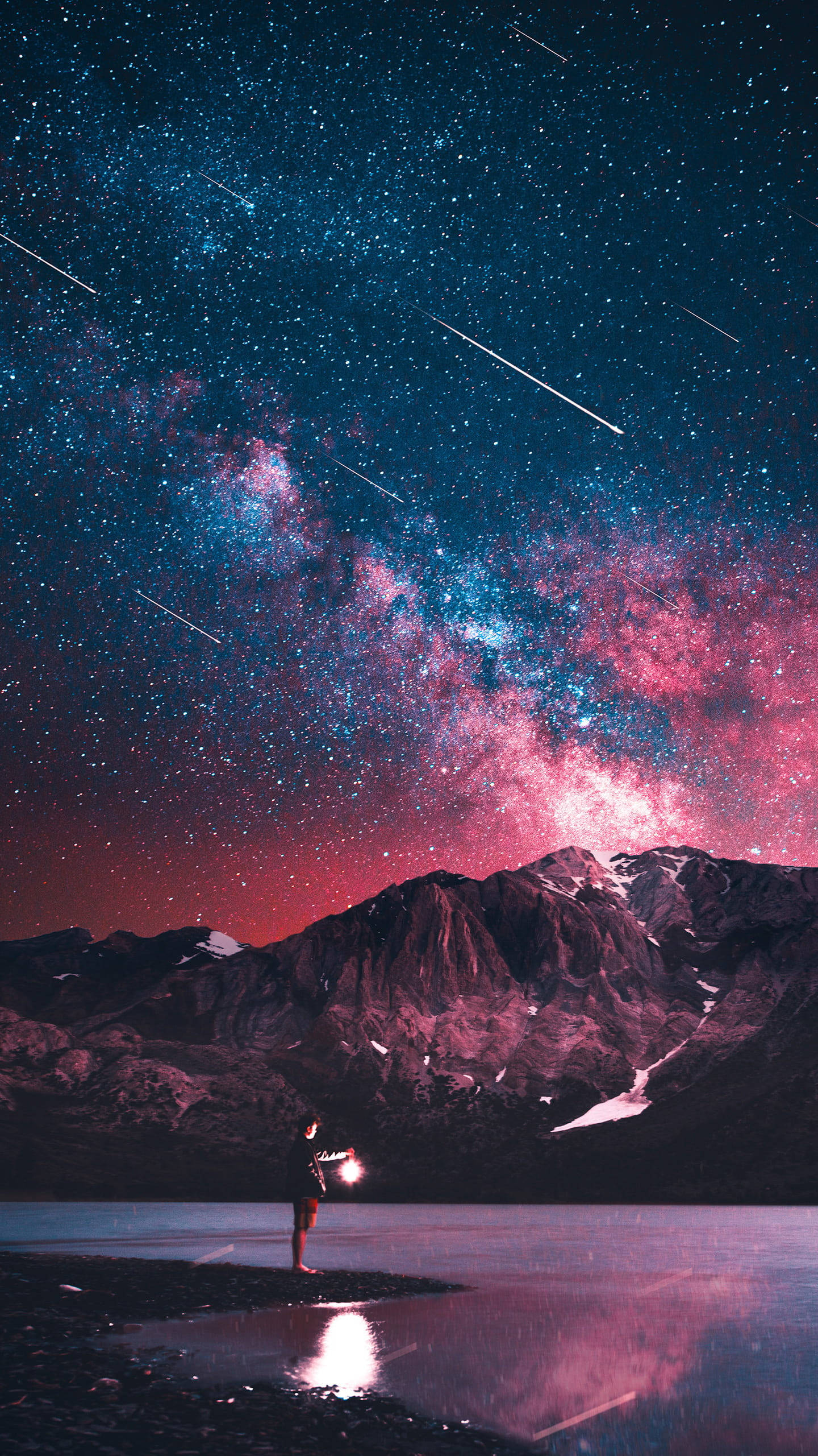 iPhone 7, Beach Night Sky, vibrant pink and blue starry sky, 2K Phone Wallpaper