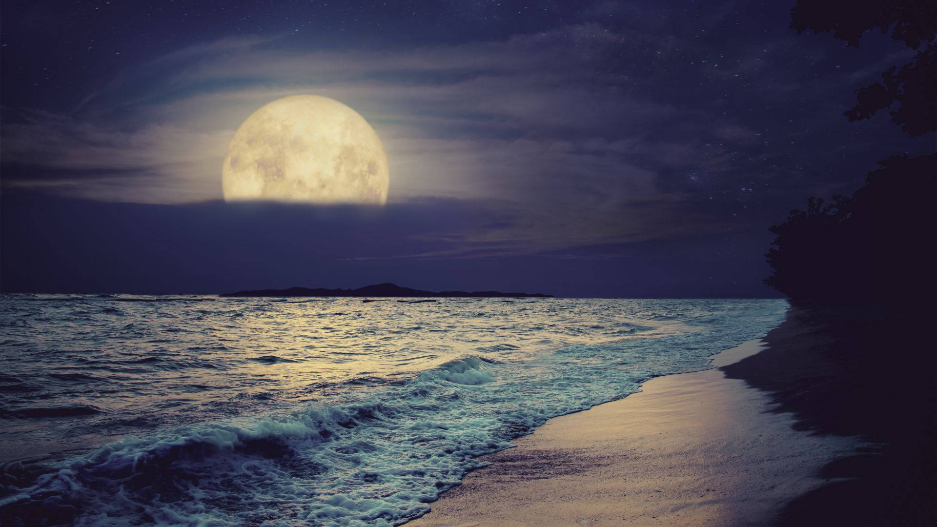 luminous full moon, silvery glow, tranquil ocean, Full HD Desktop Wallpaper