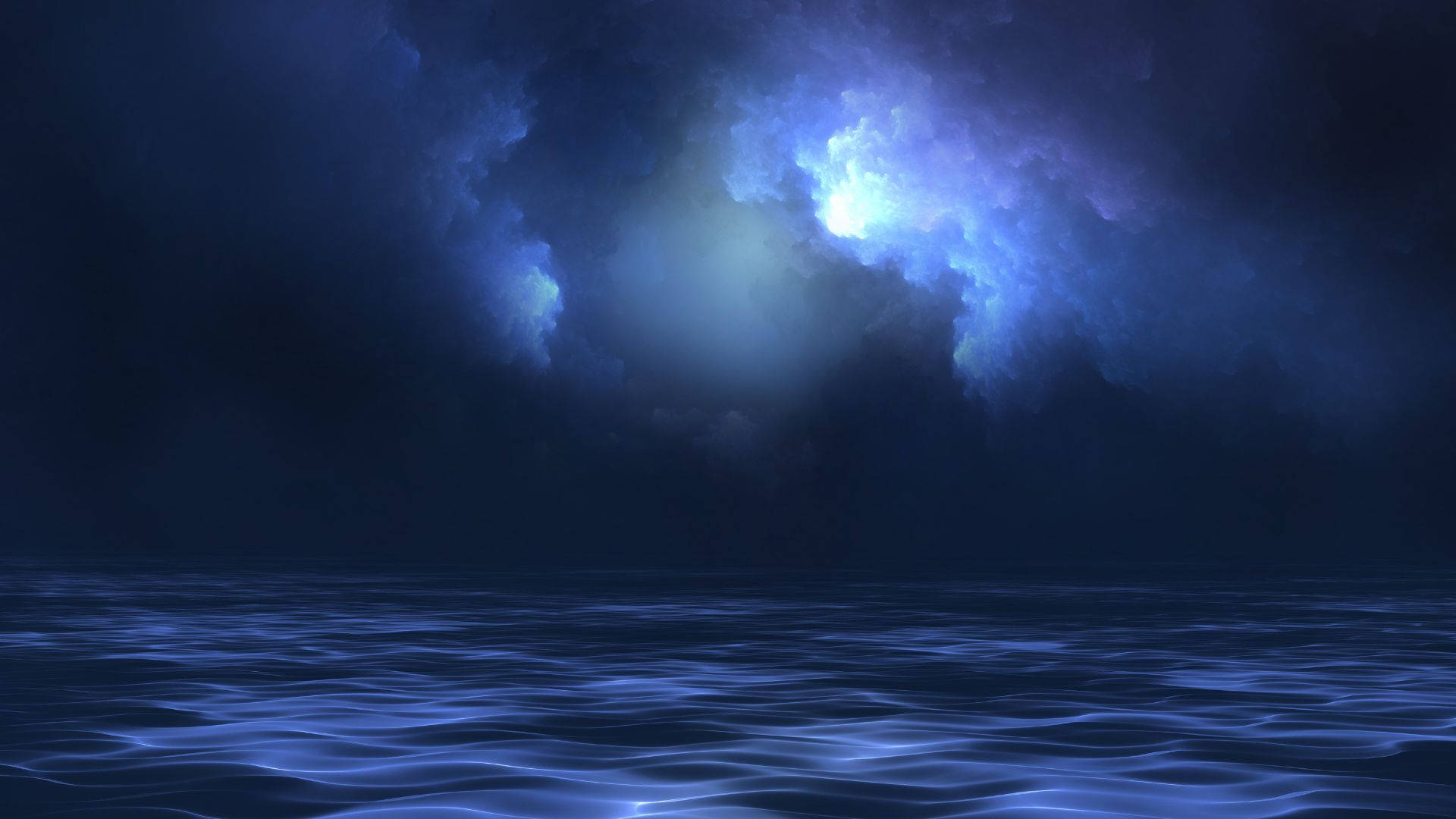 Beach Night, stormy night sky, glowing blue clouds, Full HD Desktop Wallpaper