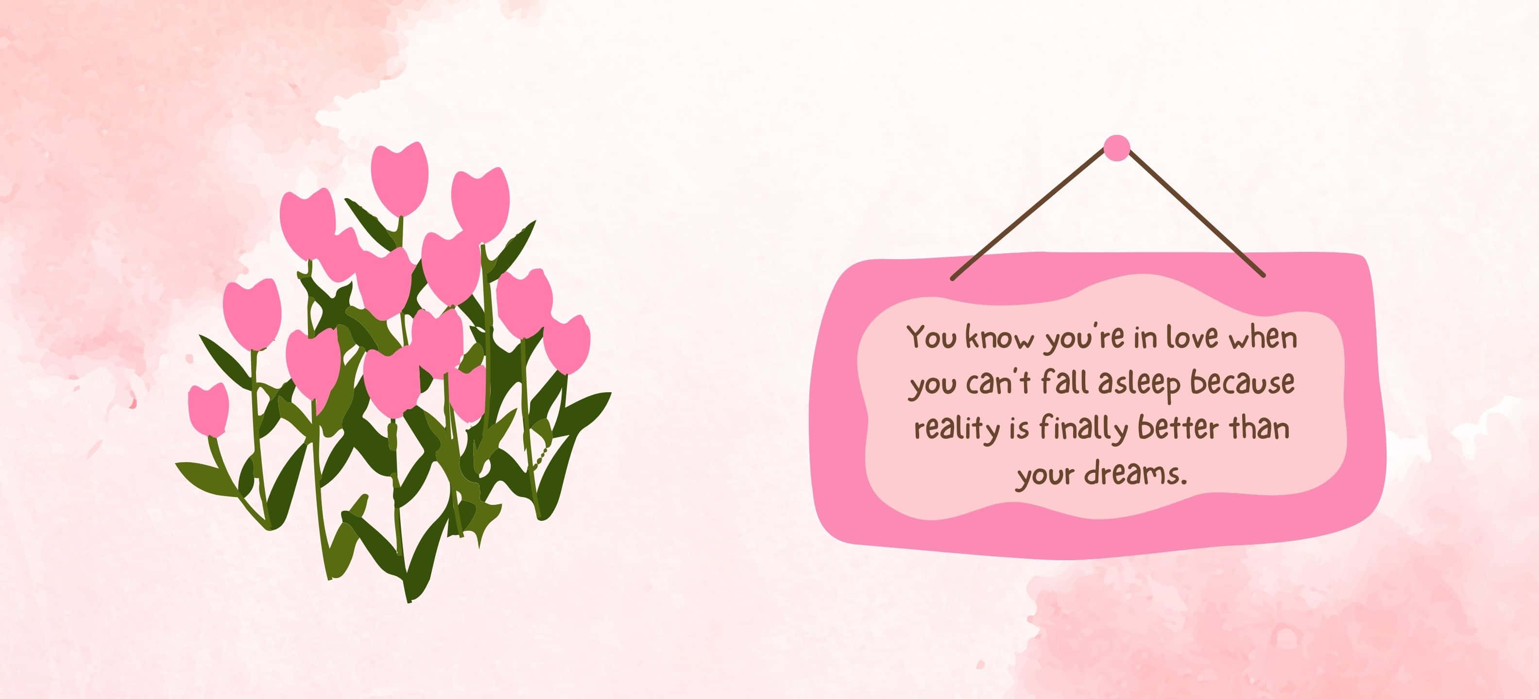 pink tulips, hanging sign with a love quote, soft watercolor background, 2K Desktop Wallpaper