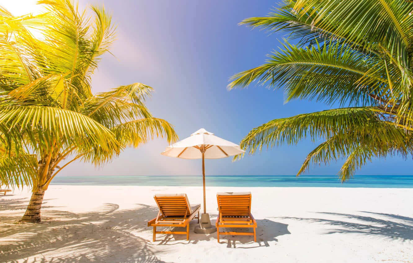 beach sunbed, white umbrella, pristine white sand beach, HD Desktop Wallpaper