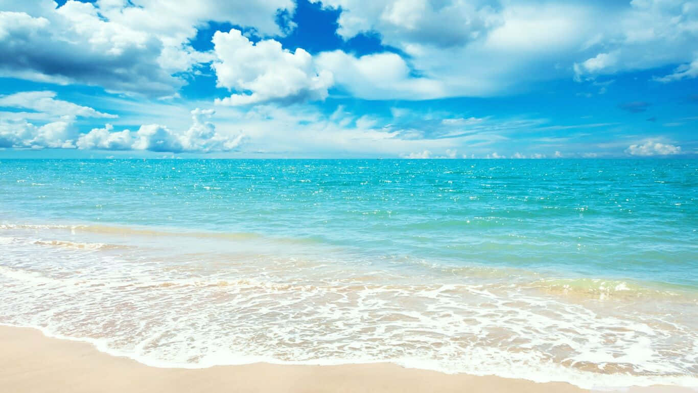 turquoise waves, golden sandy shore, bright blue sky, HD Desktop Wallpaper