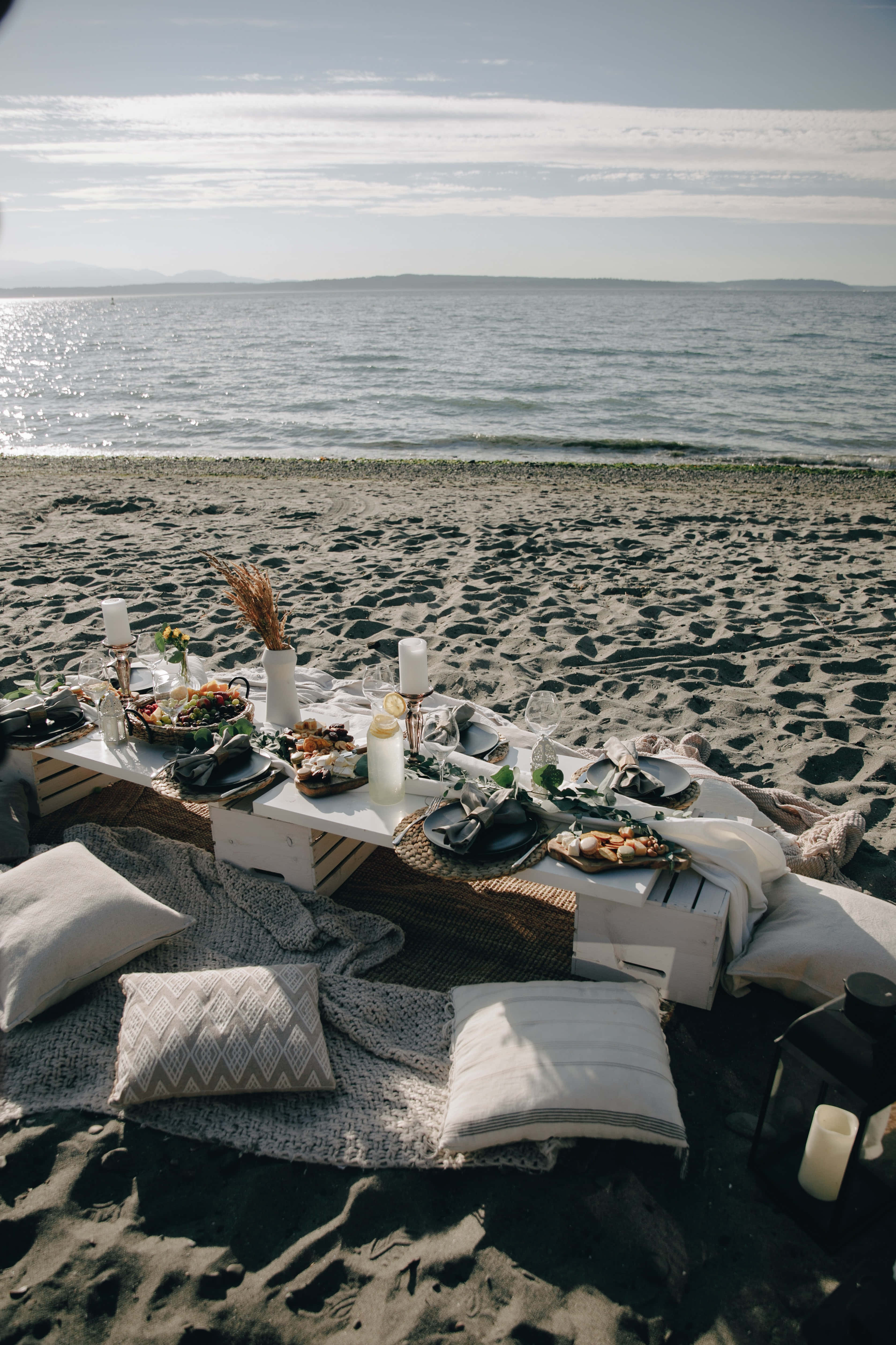 beach picnic, white table, food, 4K Phone Wallpaper