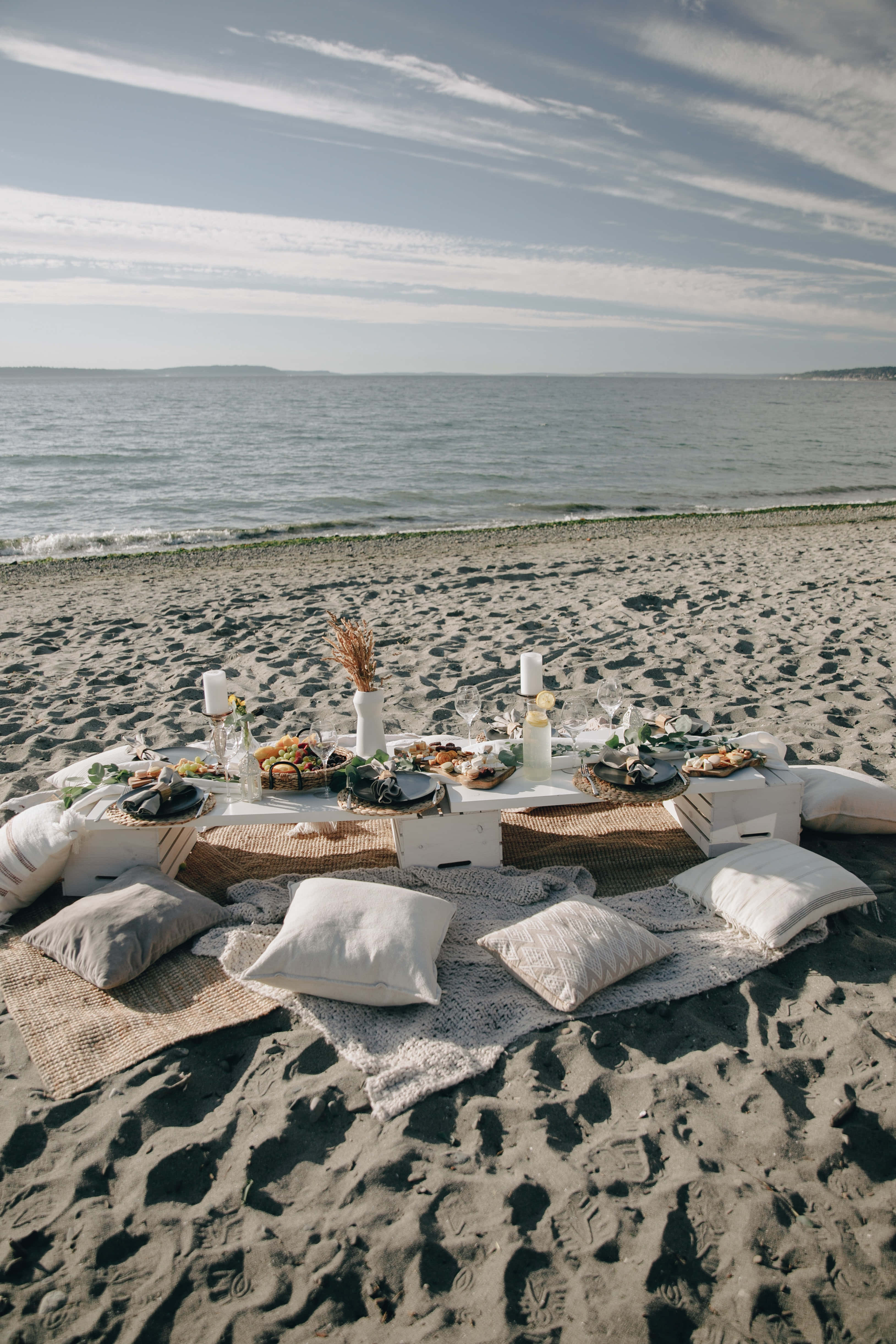 Beach Picnic, white table, cushions, 4K Phone Wallpaper