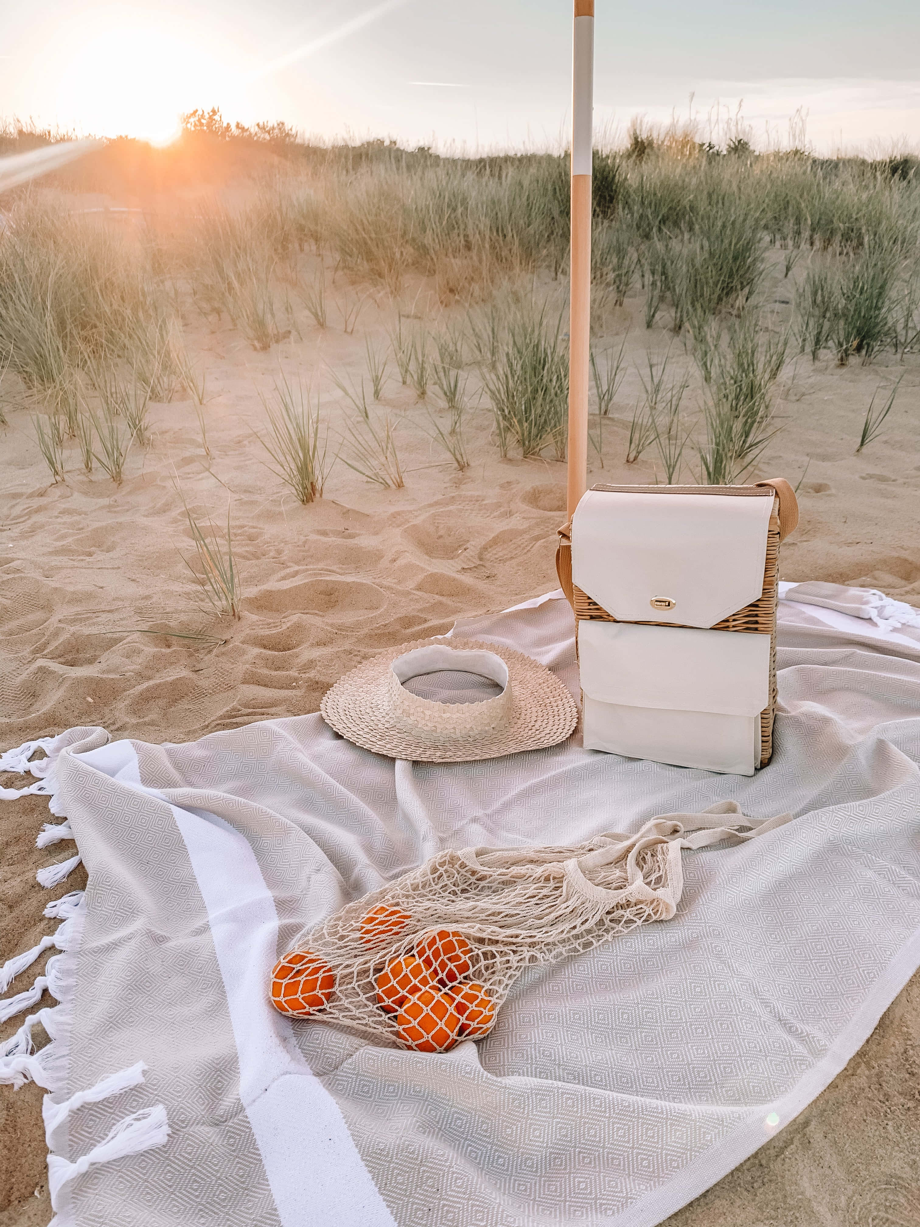 beach picnic, straw hat, oranges, 4K Phone Wallpaper