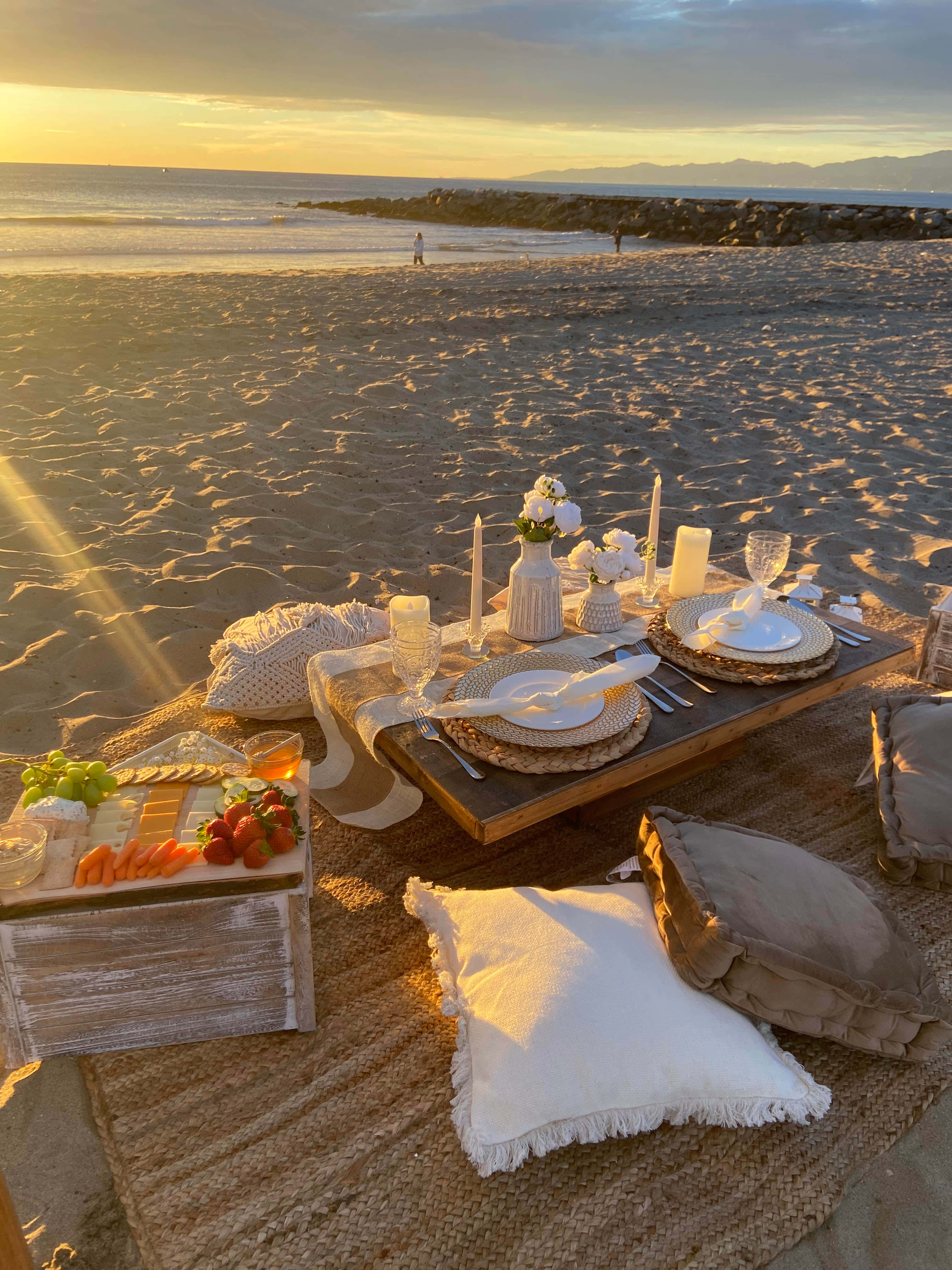 beach picnic, golden sunset, candles, 4K Phone Wallpaper