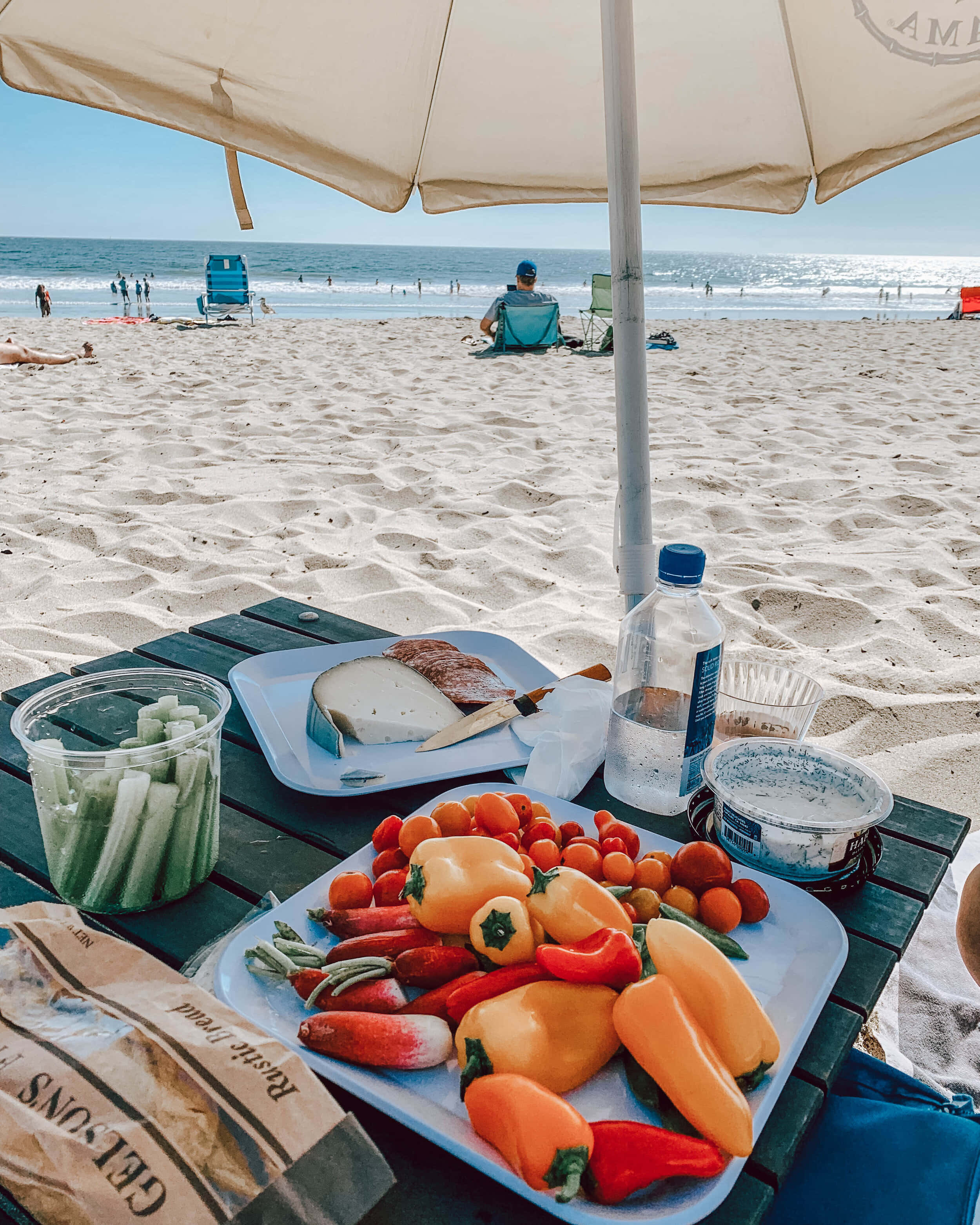 beach picnic, beige umbrella, ocean, 2K Phone Wallpaper