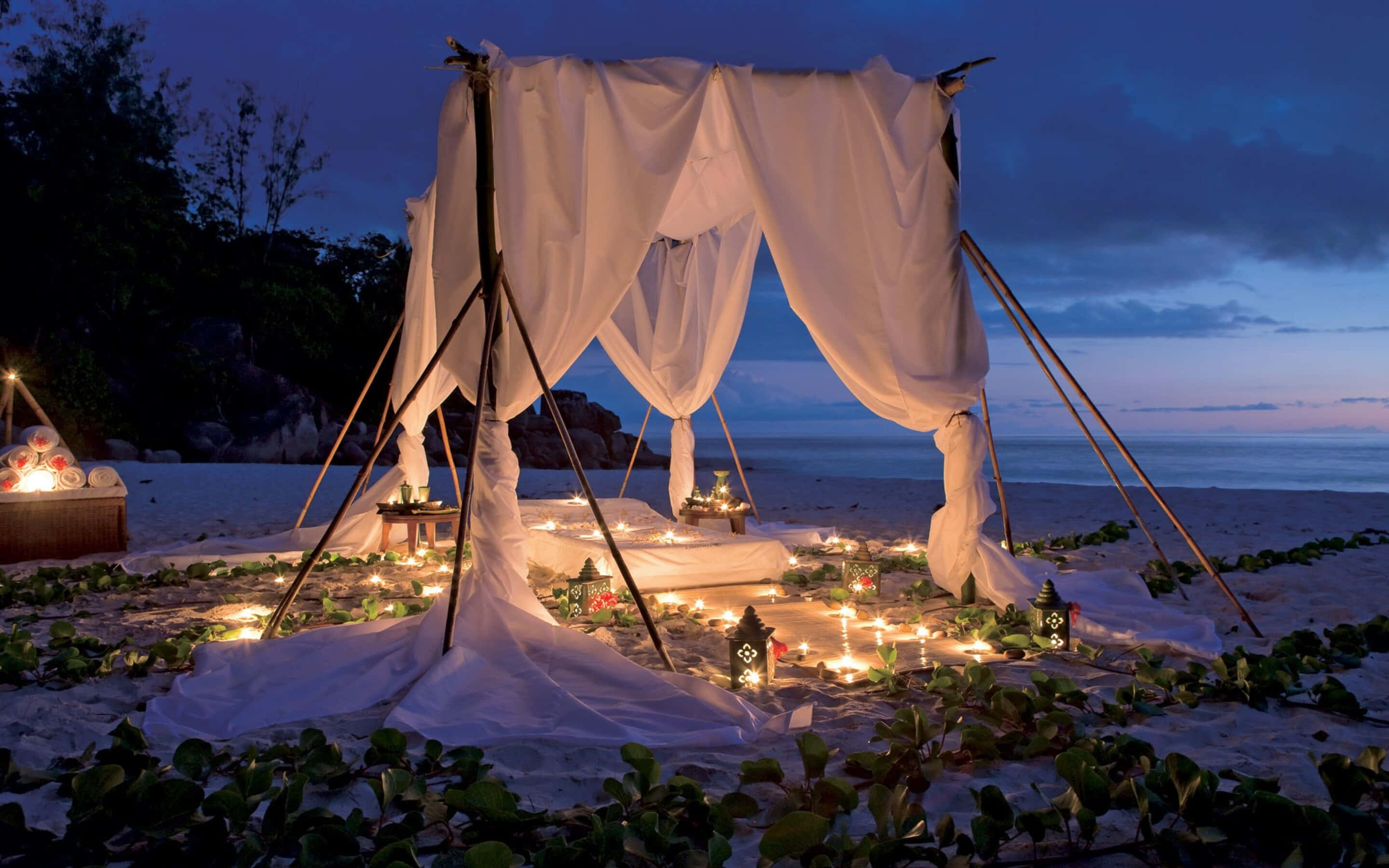 beach picnic, twilight, white draped canopy, 2K Desktop Wallpaper