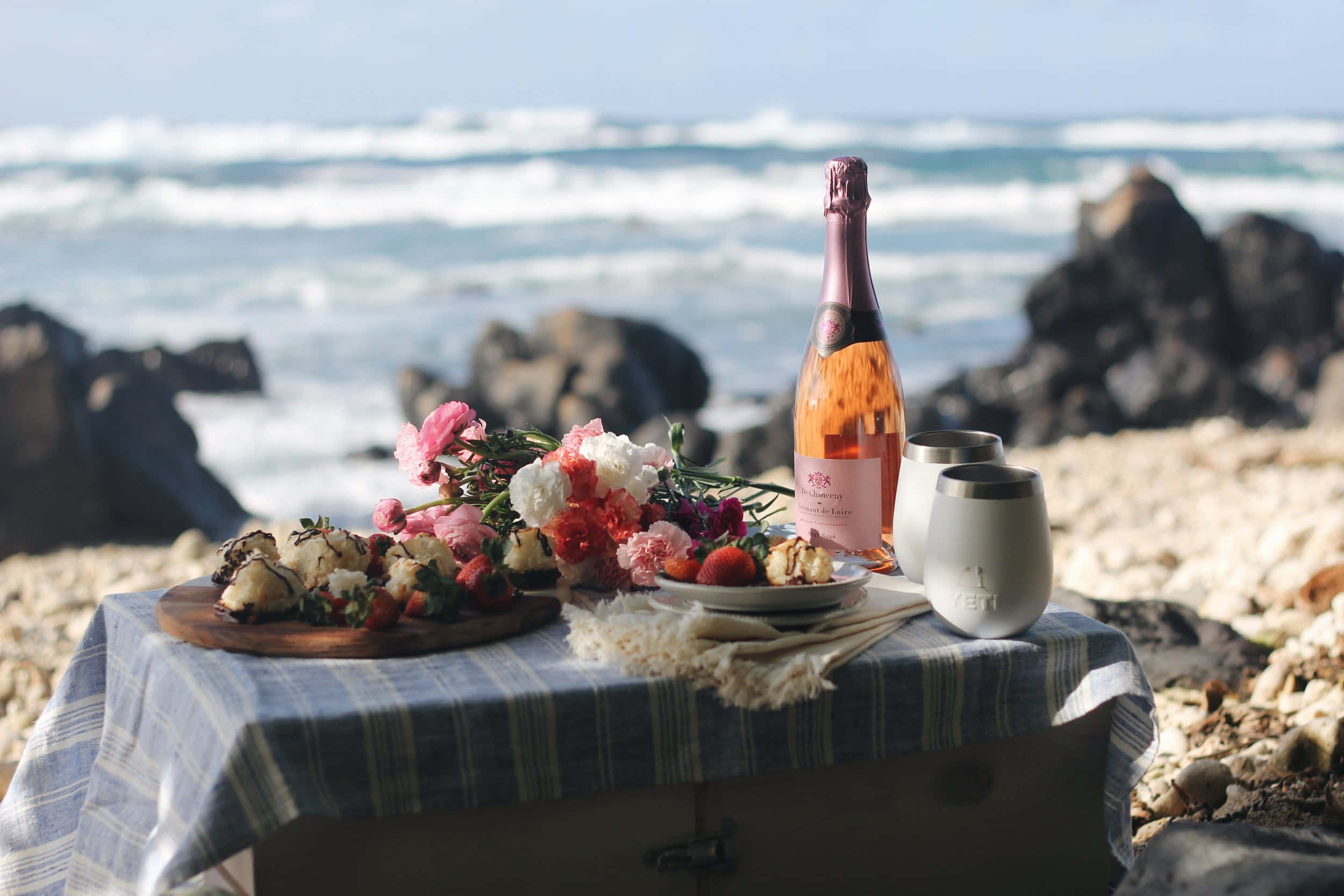 beach picnic, striped cloth, rose wine pastries, Full HD Desktop Wallpaper