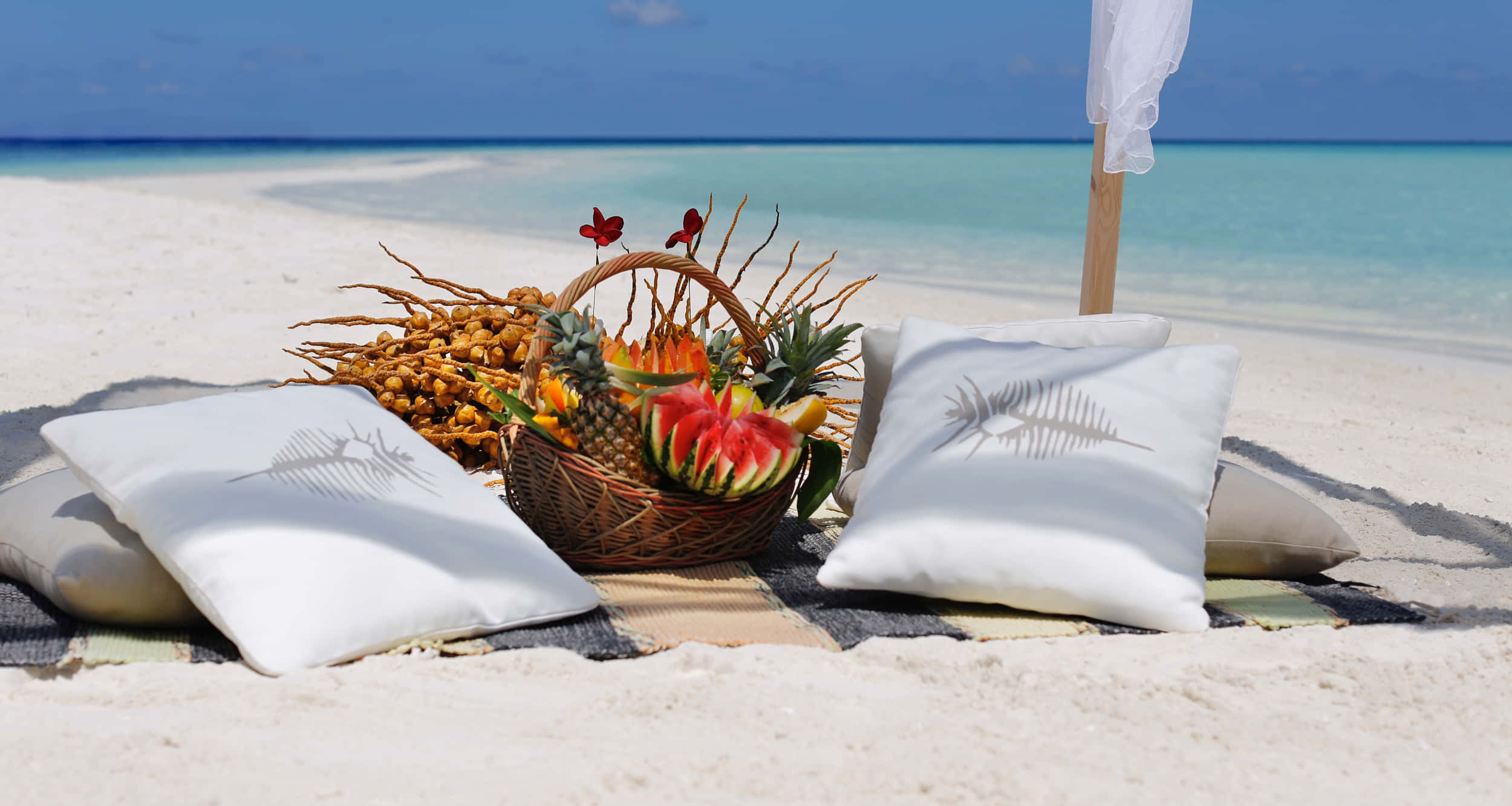 Beach Picnic, wicker basket, fresh fruit, Full HD Desktop Wallpaper