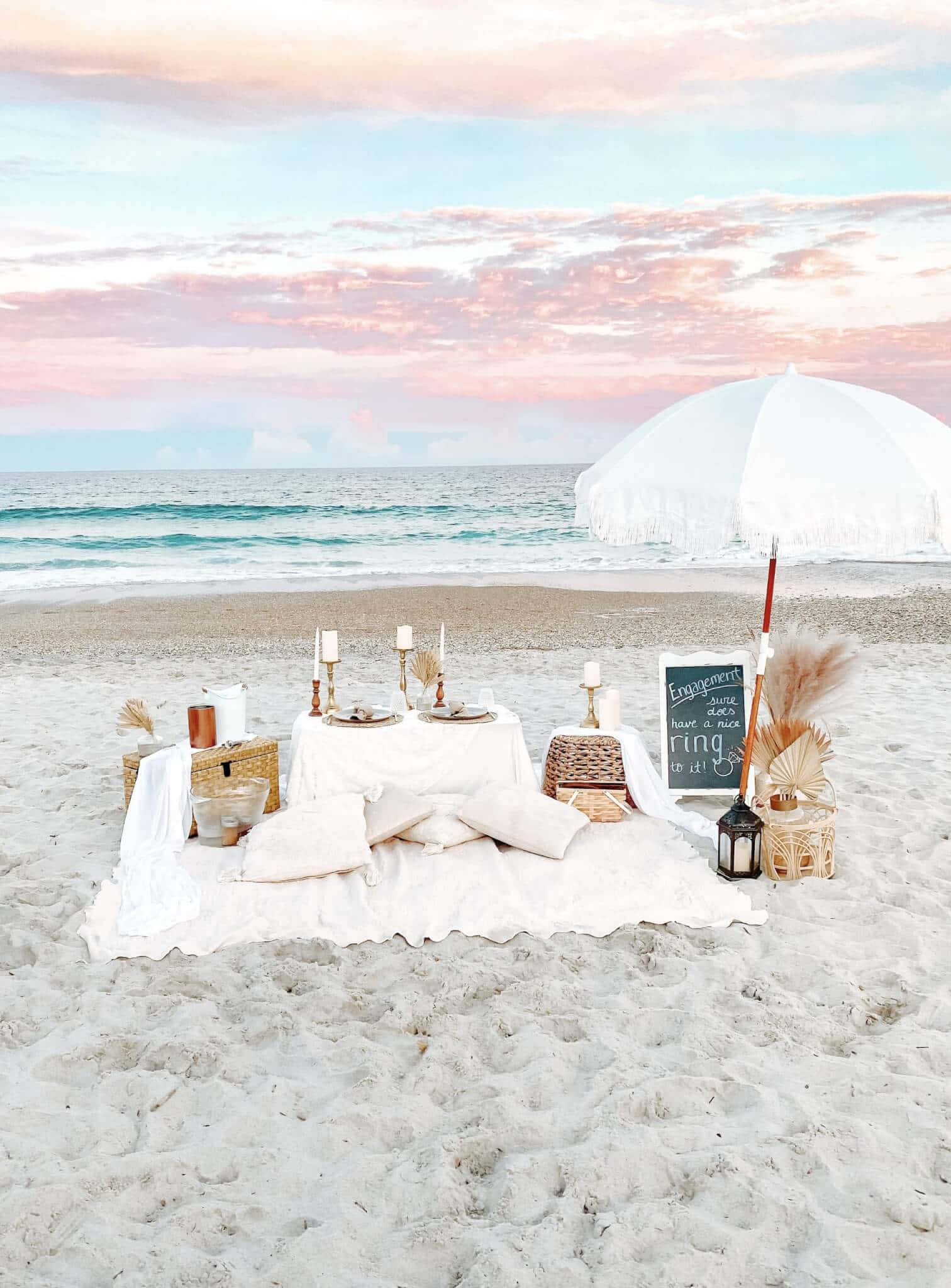 Beach Picnic, white tablecloth, umbrella, Full HD Phone Wallpaper