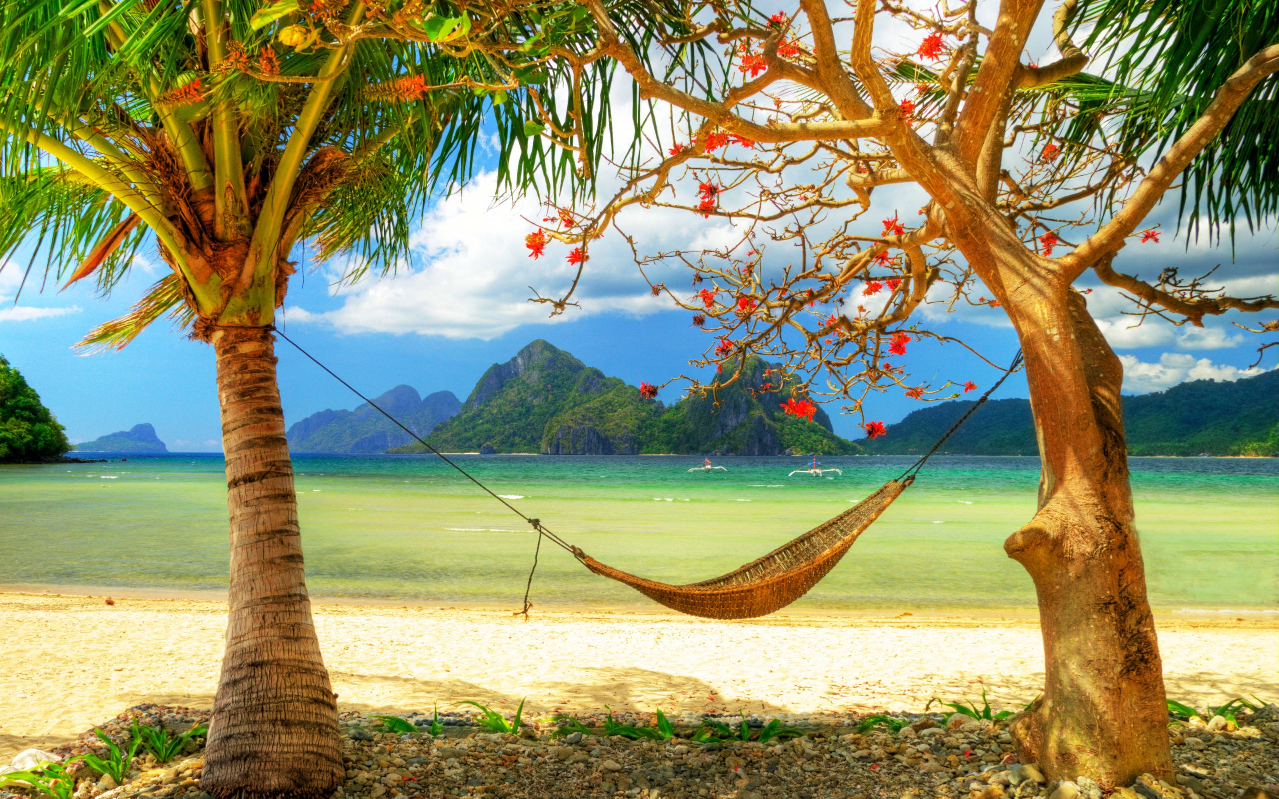 tropical beach, turquoise water, distant green islands, 2K Desktop Wallpaper