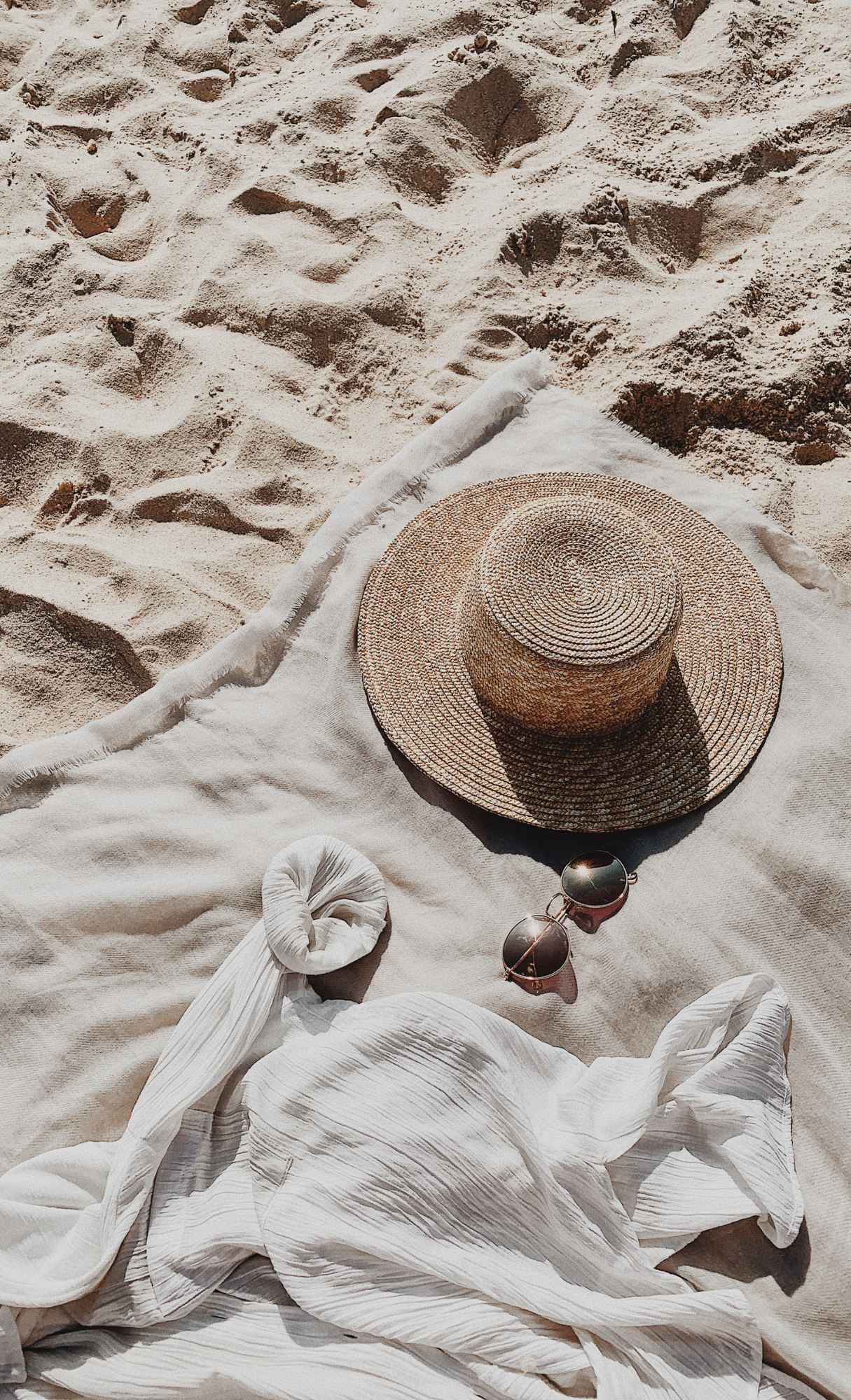 straw sun hat, sunglasses, white towel, Full HD Phone Wallpaper