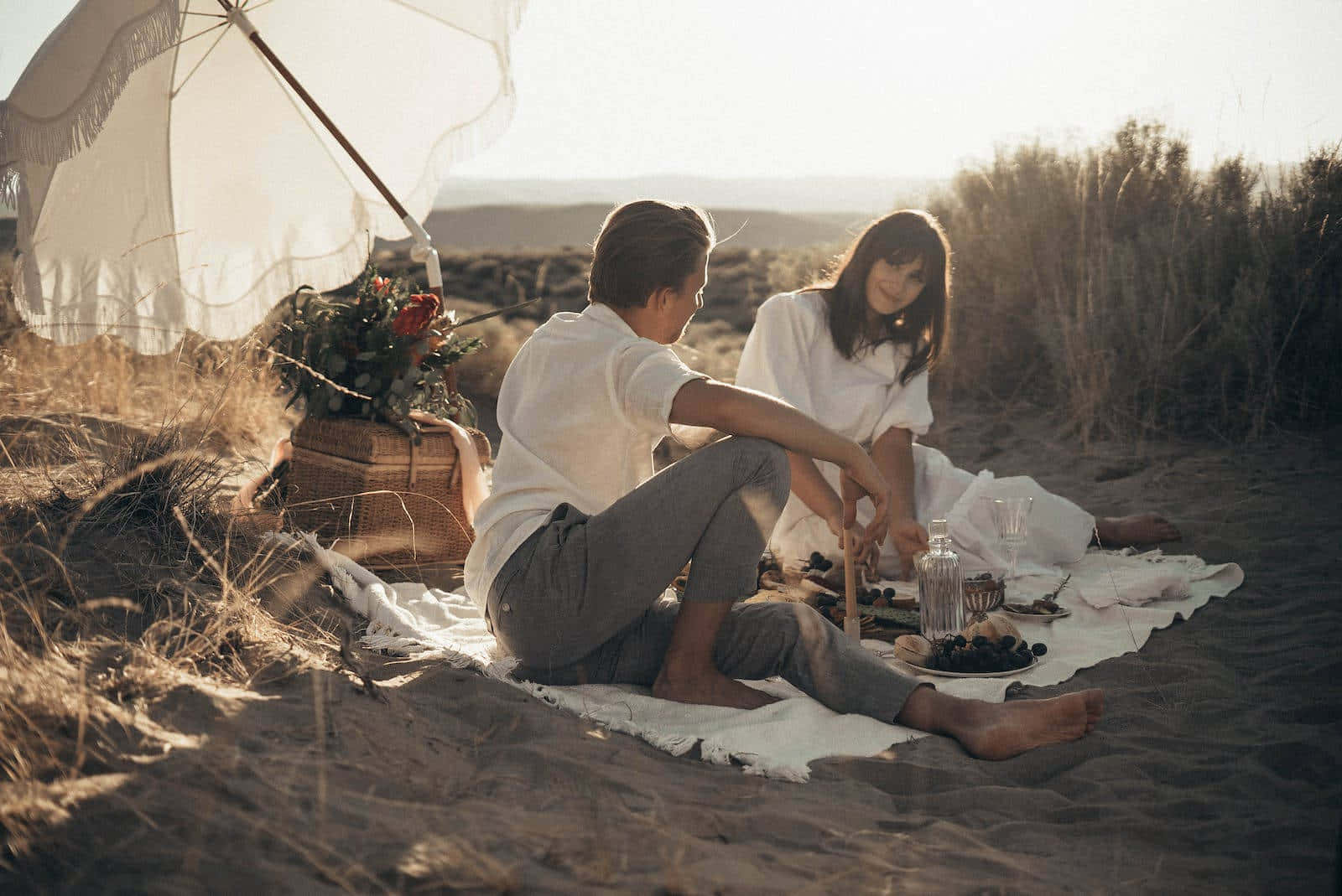 Beach Picnic, white parasol, golden sunlight, HD Desktop Wallpaper