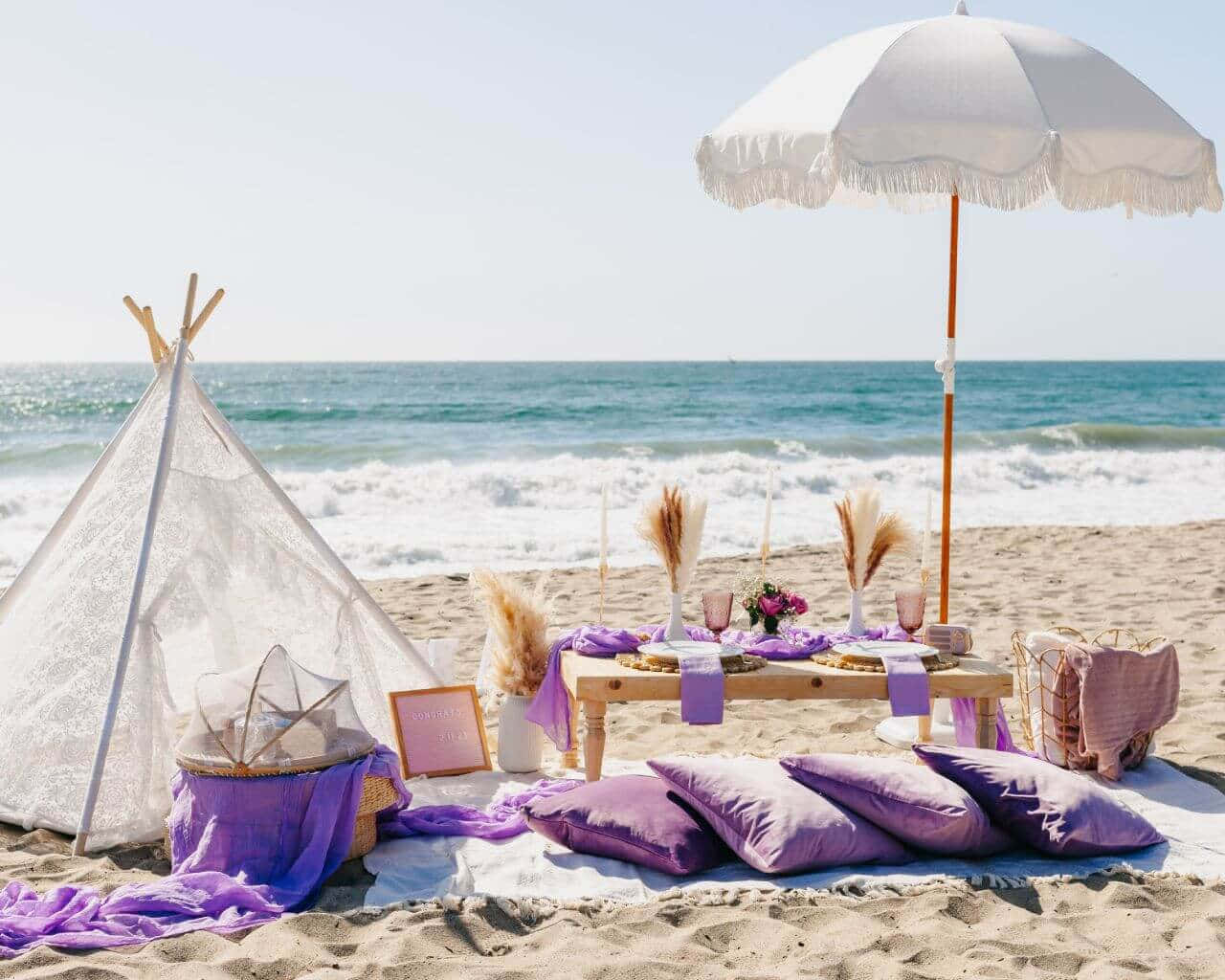beach picnic, white teepee, purple cushions, HD Desktop Wallpaper