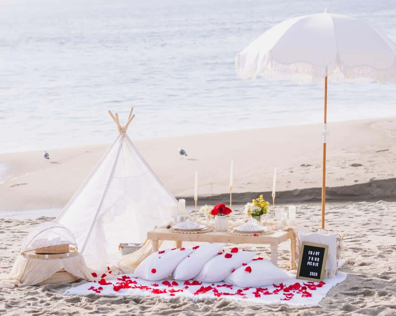 Beach Picnic, white teepee, candlelit table, HD Desktop Wallpaper