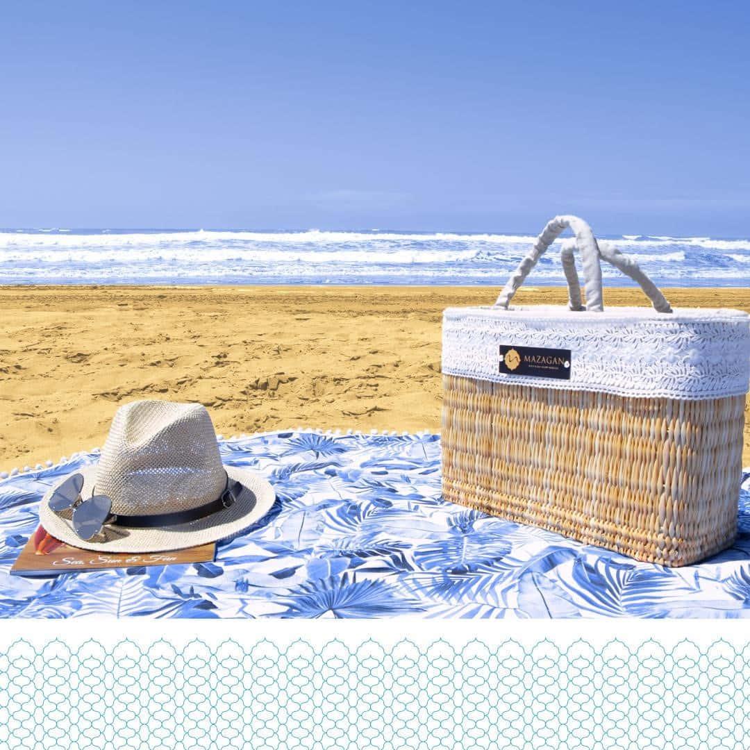 straw hat, woven basket, blue palm-patterned beach towel, SD Desktop Wallpaper